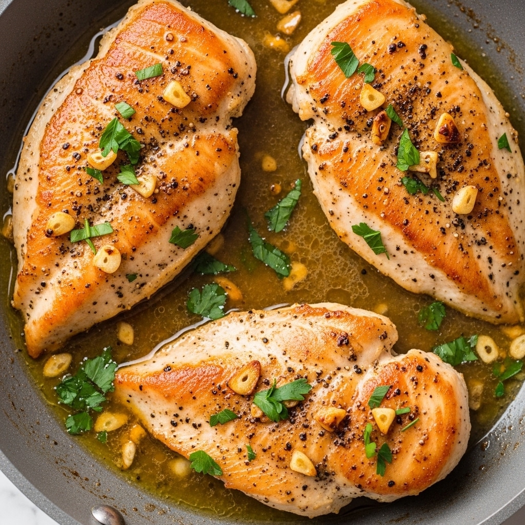 The image shows three cooked chicken breasts in a pan, each with a golden-brown crispy surface that is speckled with black pepper and small pieces of garlic. The chicken breasts have a slightly shiny texture from the sauce in the pan, which is light brown with some oil and small herbs floating around. Fresh green parsley leaves are sprinkled on top of the chicken as a garnish. The pan has a grayish edge and the background is a white marbled texture. photo taken with an iphone --ar 4:5 --v 7