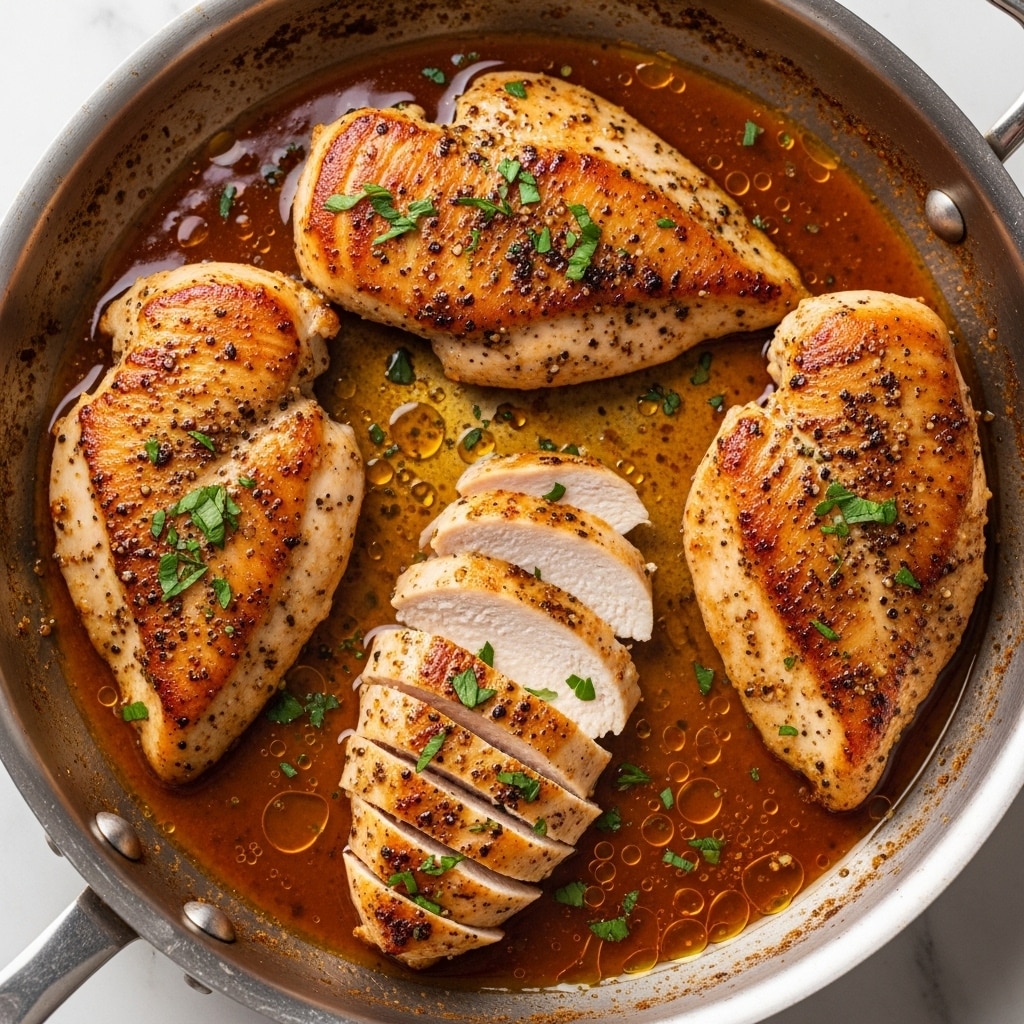 The image shows four pieces of cooked chicken breasts in a silver pan with a glossy orange-brown sauce. The chicken has a golden-brown crust with visible seared spots and black pepper or spice flakes, topped with small green parsley pieces. One piece of chicken is sliced thinly and spread out in the center, showing its juicy white inside. The sauce has oil droplets and seasoning bits floating around the chicken, filling the pan bottom. The pan sits on a surface with a white marbled texture. photo taken with an iphone --ar 4:5 --v 7