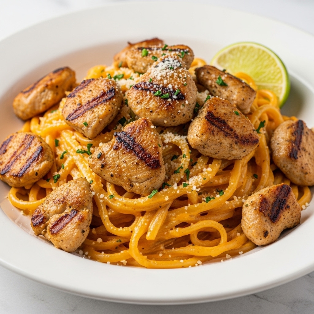 A close-up of creamy pasta topped with many pieces of grilled chicken, each piece golden brown with slight charring, scattered over thick, flat noodles coated evenly with a rich, creamy orange sauce. The pasta is sprinkled with finely chopped green herbs and a light dusting of grated cheese. Behind the dish, a green slice of lime adds a fresh pop of color. The dish is served on a white plate, sitting on a white marbled textured surface. photo taken with an iphone --ar 4:5 --v 7