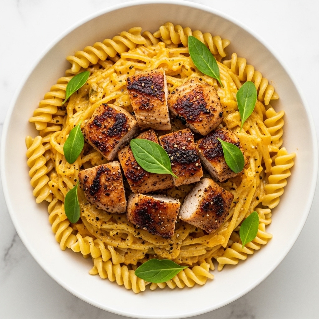 A white bowl is filled with creamy pasta covered in a golden sauce, with spiral noodles layered across the base. On top, there are several chunks of grilled chicken, browned and slightly charred with a crispy texture. Green herb leaves are sprinkled all over the dish, adding bright green color contrast to the warm tones of the sauce and chicken. Small black specks of pepper are scattered across for extra detail. The background is a white marbled texture. photo taken with an iphone --ar 4:5 --v 7