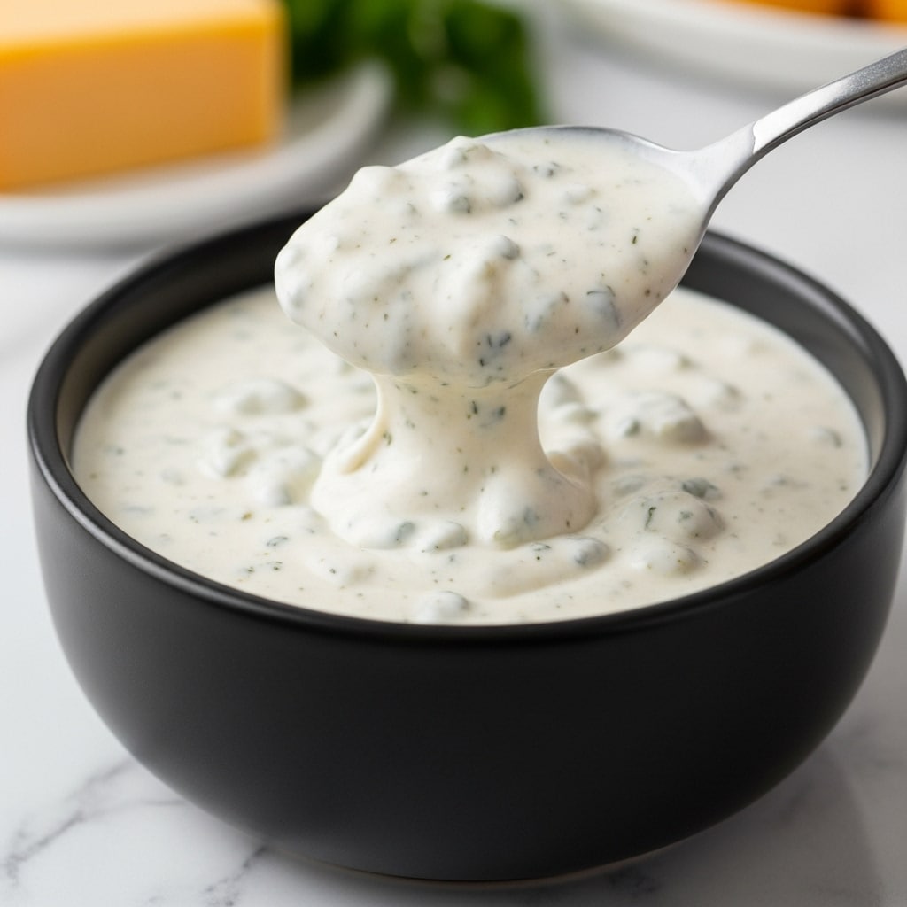 A close-up image showing a spoon lifting creamy white sauce with small blue-green specks and lumps from a dark round ceramic bowl. The sauce has a smooth and thick texture with visible bits mixed inside. The bowl sits on a white marbled surface with blurred background elements like a block of yellow cheese and green herbs. The scene highlights the sauce’s richness and chunky details. photo taken with an iphone --ar 4:5 --v 7