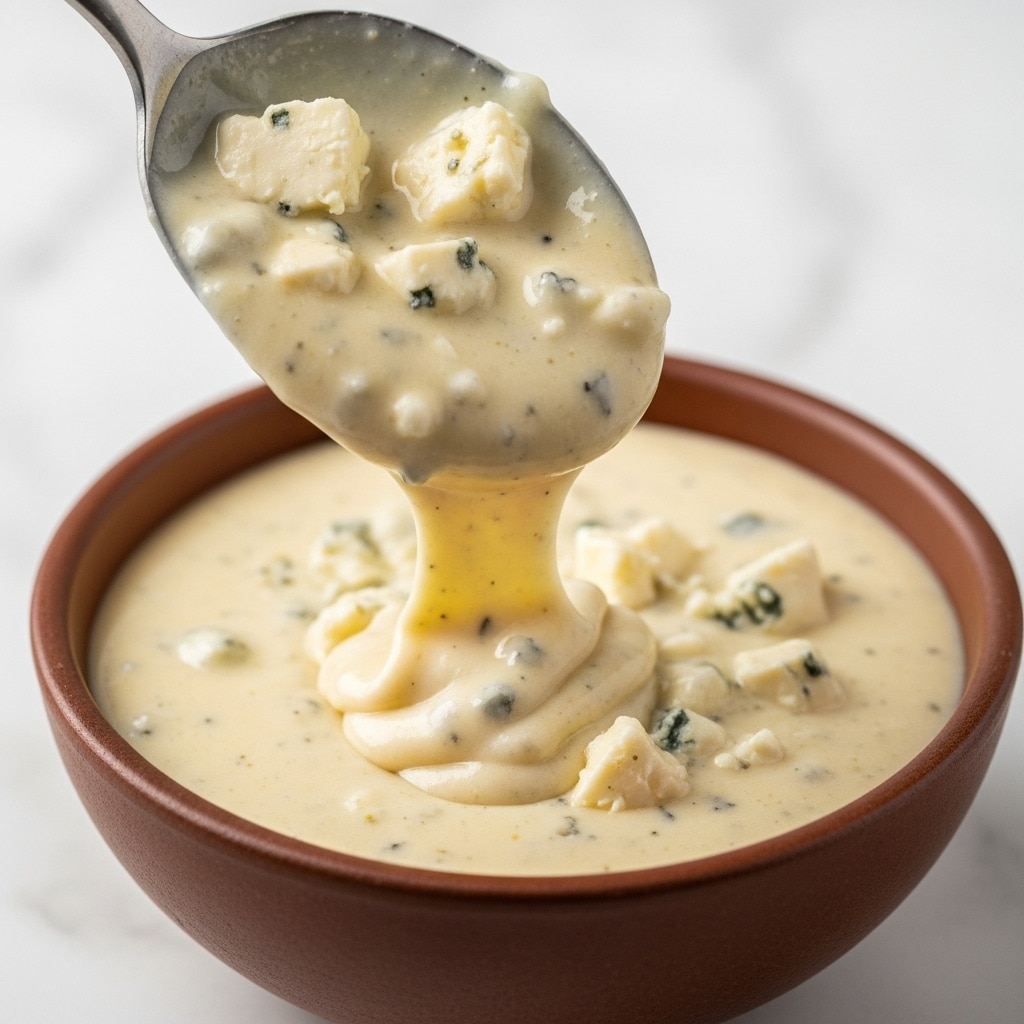 A close-up of a thick creamy sauce filled with small chunks of blue cheese, light yellow with blue and gray specks throughout, being scooped by a metal spoon pouring back into a rustic brown bowl. The sauce looks smooth with visible cheese pieces giving it texture. The bowl sits on a white marbled surface, creating a clean and simple background. photo taken with an iphone --ar 4:5 --v 7