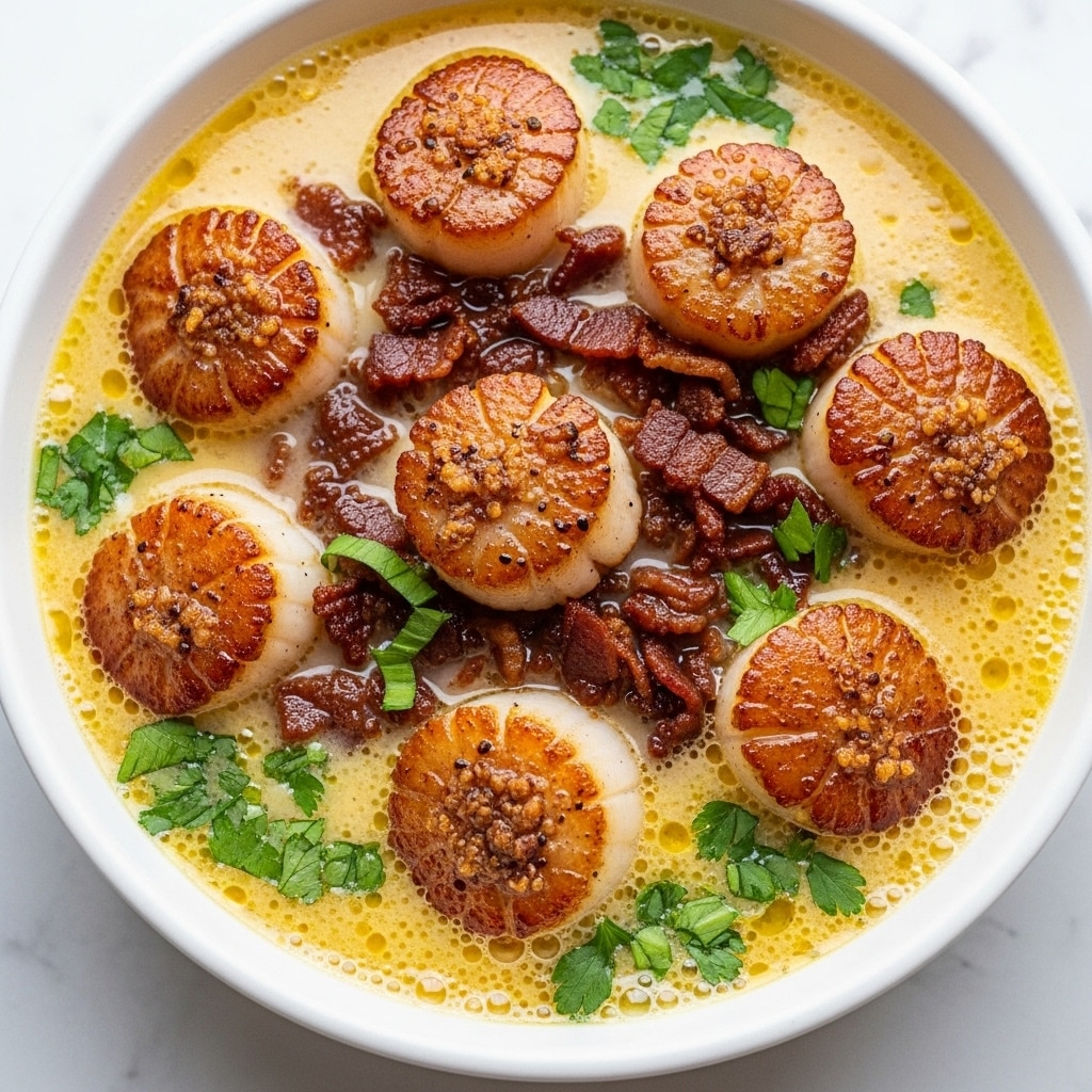 The image shows a close-up of a creamy soup served in a white bowl, filled with several golden-brown seared scallops that have a slight crust on top, scattered evenly over the surface. Mixed in are dark brown crispy bacon pieces, adding texture and color contrast. The soup base is a light yellow creamy broth with small bubbles, sprinkled with fresh green herbs finely chopped to bring a touch of freshness. The white marbled surface underneath the bowl adds a clean, elegant look to the scene. photo taken with an iphone --ar 4:5 --v 7