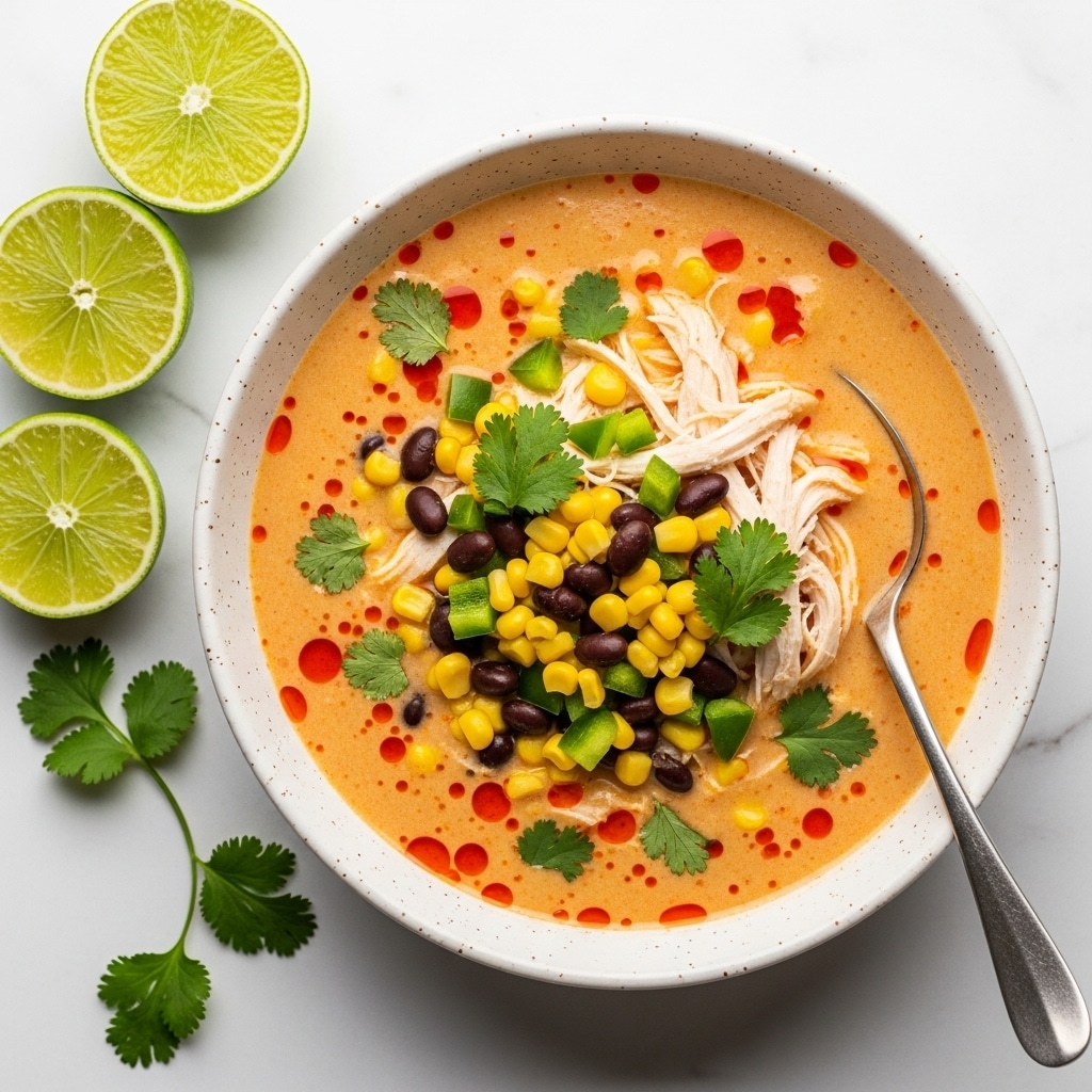A creamy soup served in a white bowl with slight speckled edges, showing a rich light orange base layer mixed with small red oil droplets. Floating on top are shredded white chicken pieces, bright yellow corn kernels, black beans, and chopped green peppers. Fresh green cilantro leaves and small cilantro pieces scattered around add a pop of green. A silver spoon rests inside the bowl on the right side. To the left, there are three lime halves placed on a white marbled surface. The overall look is warm and inviting with contrasting colors and textures. photo taken with an iphone --ar 4:5 --v 7