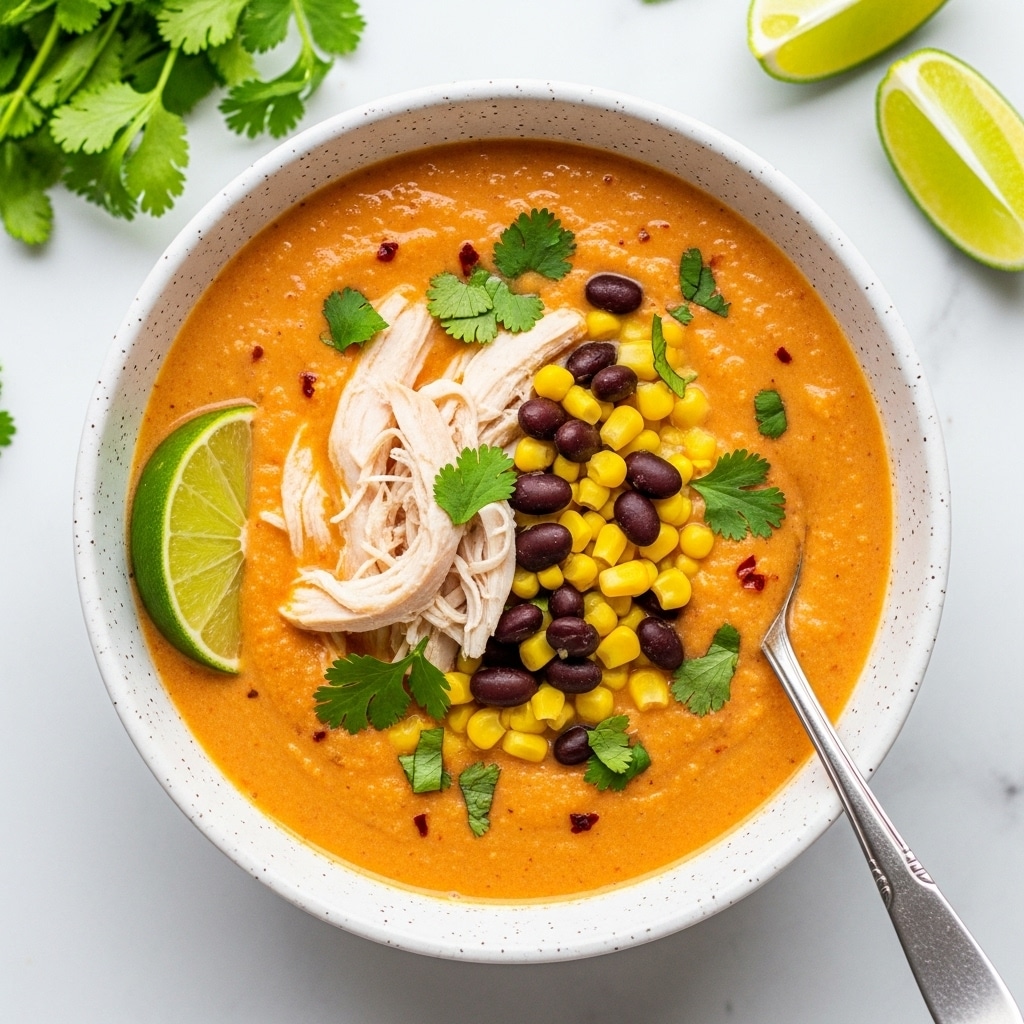 A white speckled bowl filled with creamy orange soup that has a smooth texture and small red specks throughout. The soup is topped with shredded white chicken pieces, whole black beans, bright yellow corn kernels, and chopped fresh green herbs evenly scattered on top. A quarter lime wedge with a bright green skin is placed on the left edge inside the bowl. A silver spoon rests inside the bowl on the right side, dipping slightly into the soup. Around the bowl, fresh green cilantro leaves and additional lime wedges sit on a white marbled surface. Photo taken with an iphone --ar 4:5 --v 7