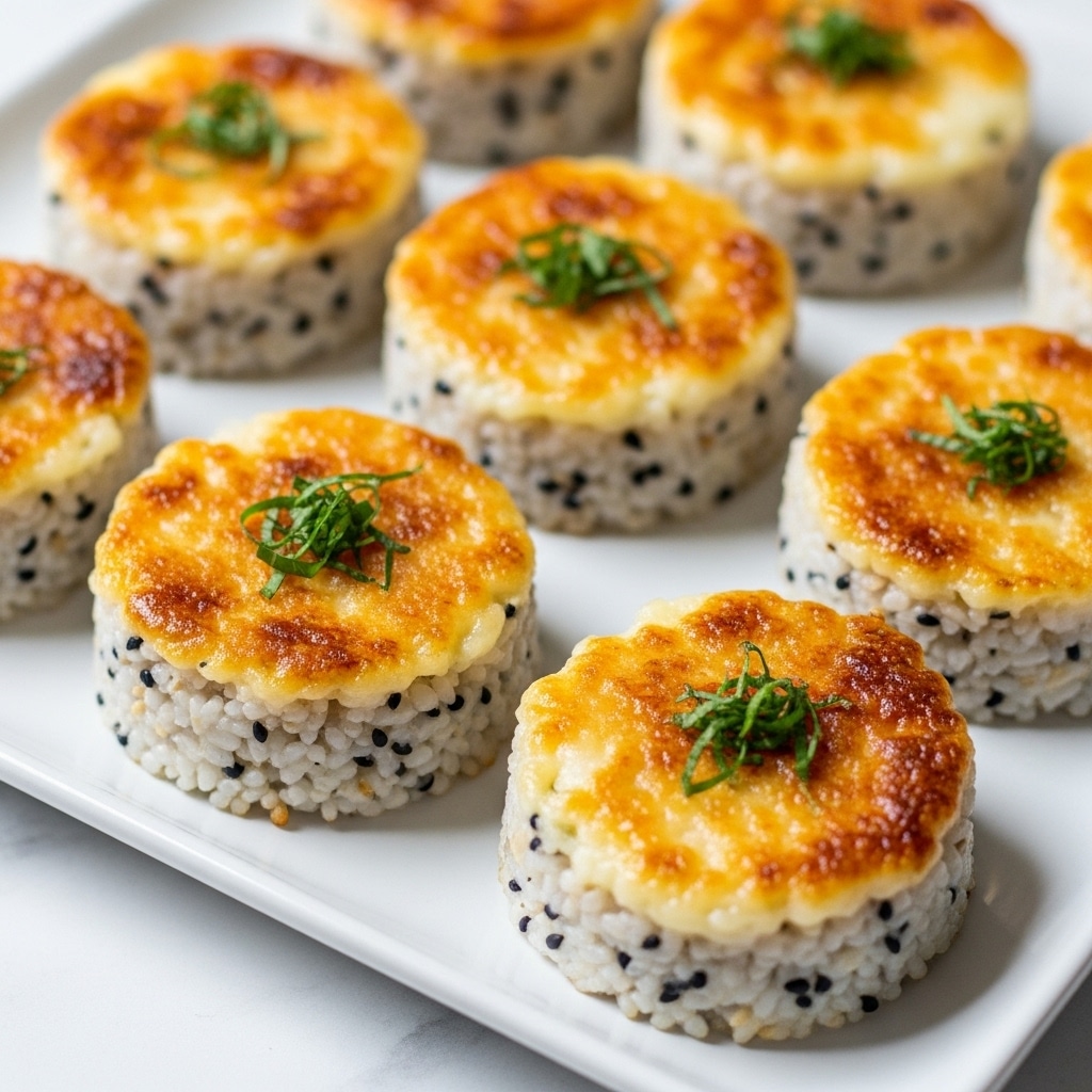 This image shows a white rectangular plate filled with seven small, round pieces of cooked rice and cheese cakes. Each cake has a creamy white base mixed with small black seeds, topped with a golden-brown slightly crispy layer that looks caramelized. On top of each cake, small green herb pieces are scattered, adding color contrast. The cakes are placed closely together on the white marbled texture surface, with soft light highlighting the rich texture and slight charring on the top edges. photo taken with an iphone --ar 4:5 --v 7