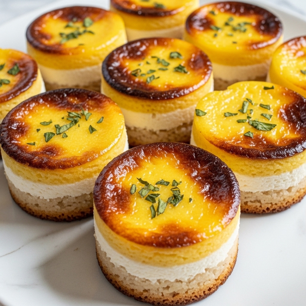 The image shows eight small, round golden-brown cakes arranged neatly on a white plate with a white marbled surface underneath. Each cake has two layers: the bottom layer is creamy white with a slightly crumbly texture, while the top layer is smooth, rich yellow with browned edges and small green herb pieces scattered on top. The cakes have a slightly uneven surface with a glistening finish, showing a baked, crispy outer layer. The arrangement is close together, with soft lighting highlighting the warm tones and textures of the cakes. Photo taken with an iphone --ar 4:5 --v 7