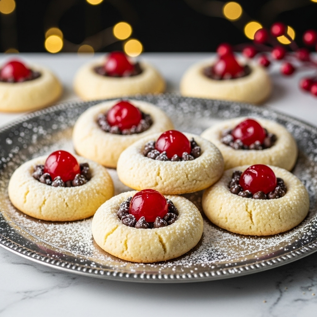 A white plate holds six round, pale yellow cookies, each dusted with a thick layer of white powdered sugar. Five cookies form a circle around one stack in the center, which is made of two cookies placed one on top of the other. Each cookie is topped with a bright, shiny red cherry that stands out against the white sugar. The background is a cozy scene with blurred warm lights and green pine branches, with a white bowl filled with more red cherries behind the plate. The surface beneath the plate has a white marbled texture. photo taken with an iphone --ar 4:5 --v 7