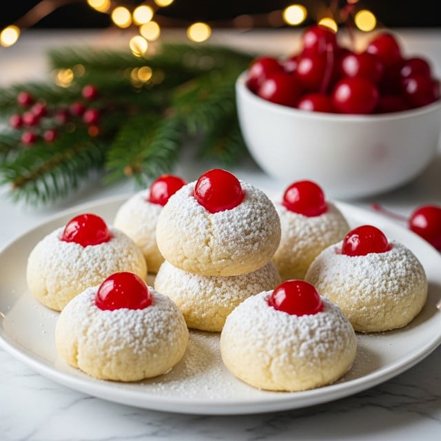A silver plate holds six round cookies, each pale yellow and soft with a lightly browned base. Every cookie has a small well in the center filled with dark brown chocolate chips, topped with a glossy bright red cherry. The cookies are dusted generously with white powdered sugar, which also scatters on the plate. The scene is set against a blurred dark background with warm lights and some red decoration, all resting on a white marbled textured surface. photo taken with an iphone --ar 4:5 --v 7
