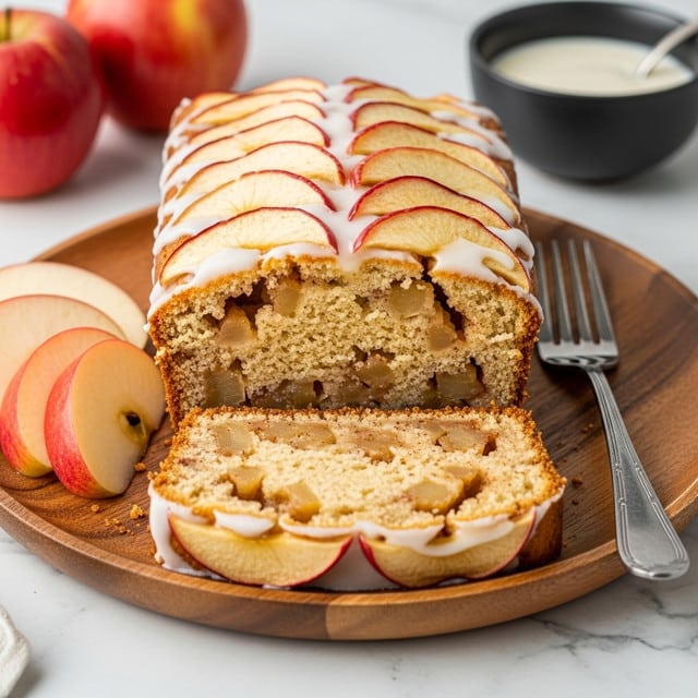 A sliced loaf of apple cake sits on a wooden plate with a white marbled surface underneath. The cake has a thick bottom layer of golden-brown crust, followed by a chunky apple filling with visible light brown cinnamon-spiced apple pieces tightly packed inside. The top layer has overlapping apple slices glazed with a shiny white icing that drips down the sides. Next to the cake are three fresh apple slices with red skin and white inside. A silver fork is placed beside the cake on the plate. In the background, there are two whole apples and a dark bowl with white sauce. Photo taken with an iphone --ar 4:5 --v 7