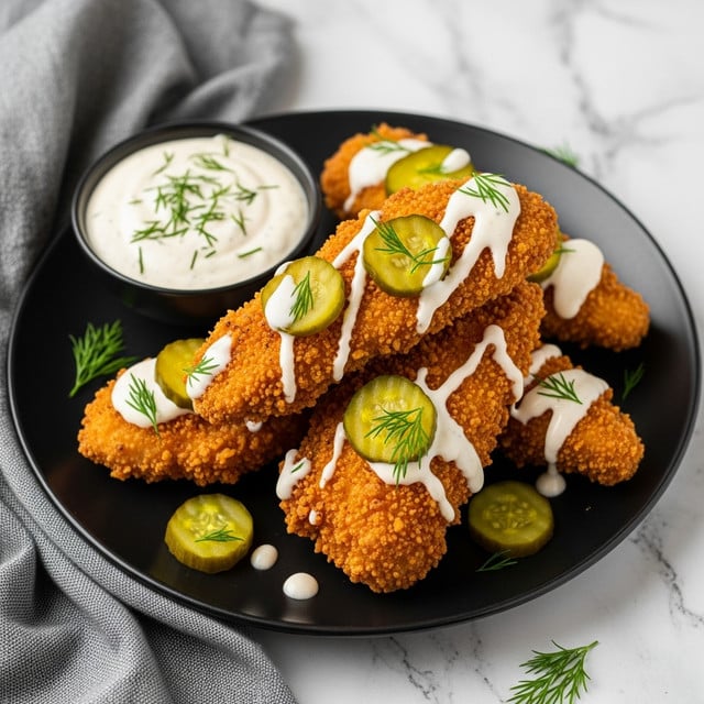 A black plate holds a stack of golden-brown crispy fried chicken pieces with a rough and crunchy texture. Each piece is topped with a smooth white sauce drizzled unevenly. Thin green pickle slices are scattered over the chicken, along with small sprigs of fresh green dill sprinkled on top and around. To the side of the plate, there is a small bowl filled with creamy white sauce garnished with dill. The plate is placed on a white marbled surface with a gray cloth napkin nearby. Photo taken with an iphone --ar 4:5 --v 7