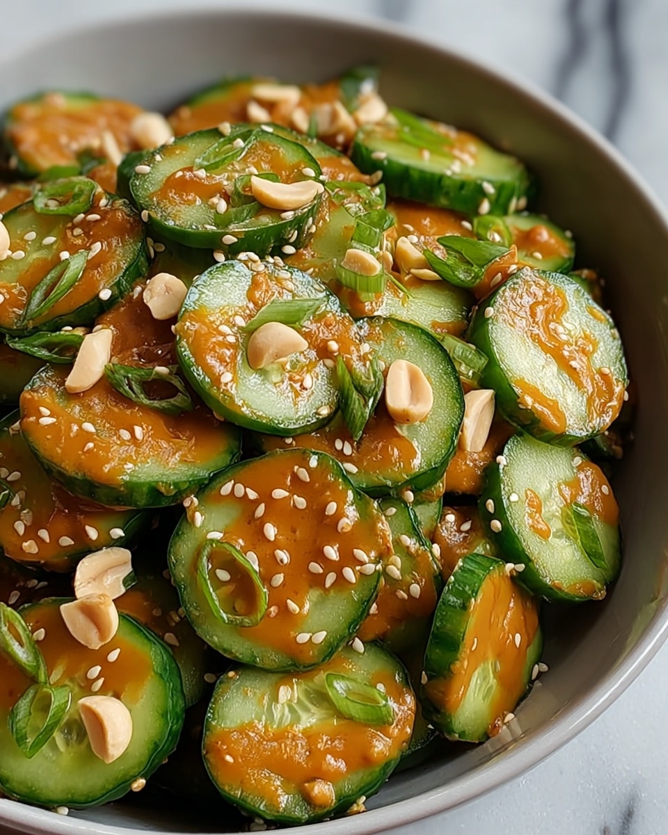 A close-up view of a bowl filled with sliced green cucumbers layered in a heap, each round slice showing a fresh, glossy green skin and pale green interior with visible seeds. The cucumbers are generously coated with a thick, orange-brown sauce that has a slightly grainy texture. Scattered across the top are small, white sesame seeds and light-colored peanut pieces, adding contrast. Thin slices of green onions are also mixed in, giving extra color and texture. The bowl is white, sitting on a surface with a white marbled texture. photo taken with an iphone --ar 4:5 --v 7
