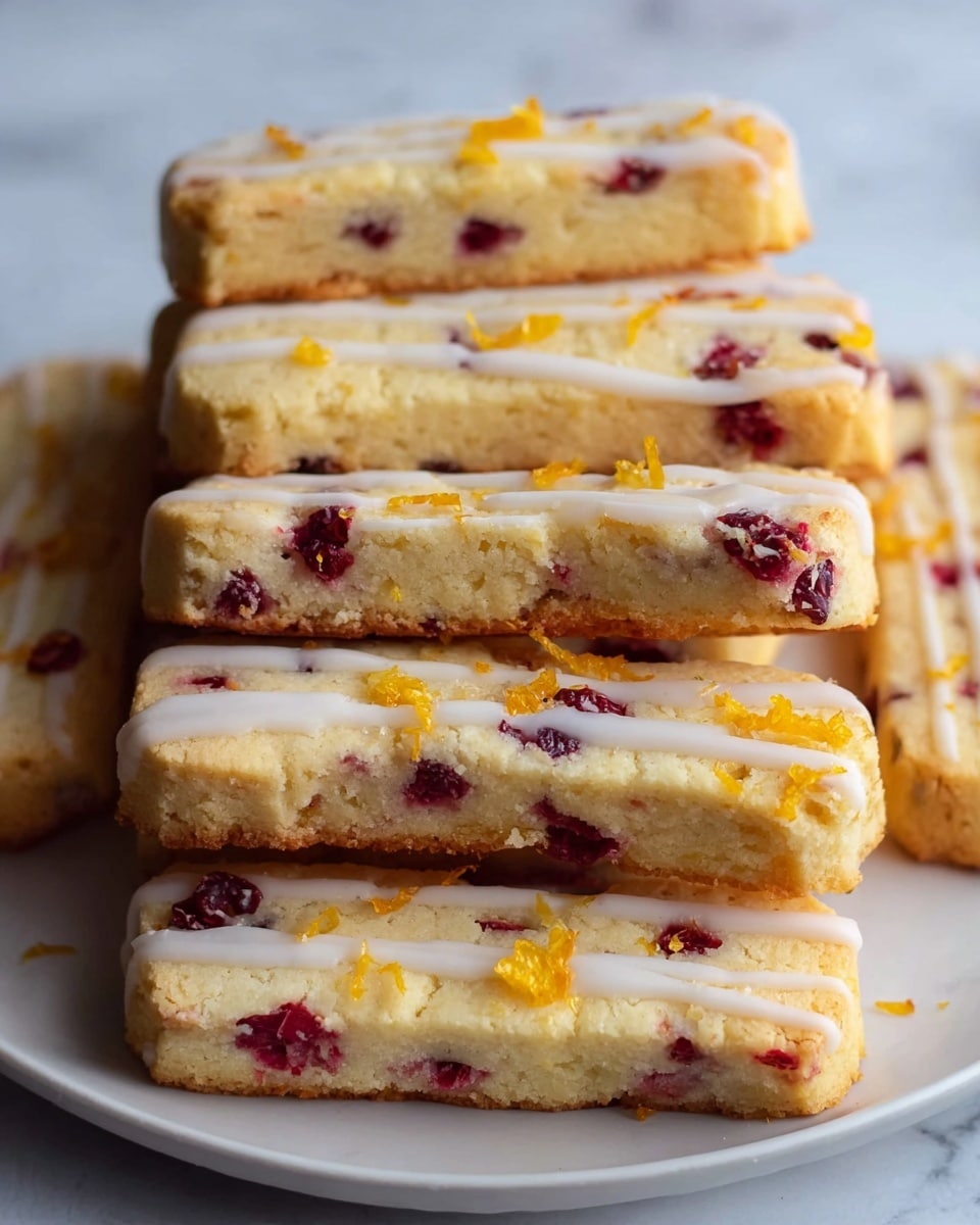 The image shows a close-up of eight rectangular cookies stacked in two rows on a white plate, placed on a white marbled surface. Each cookie is light golden with a slightly crumbly texture and has visible small pieces of red berries embedded throughout. Thin white icing lines are drizzled across the top of each cookie, along with small shreds of orange zest scattered over them, adding a pop of bright color. The cookies appear thick and slightly soft with a cutting pattern that makes them look like fingers. Photo taken with an iphone --ar 4:5 --v 7