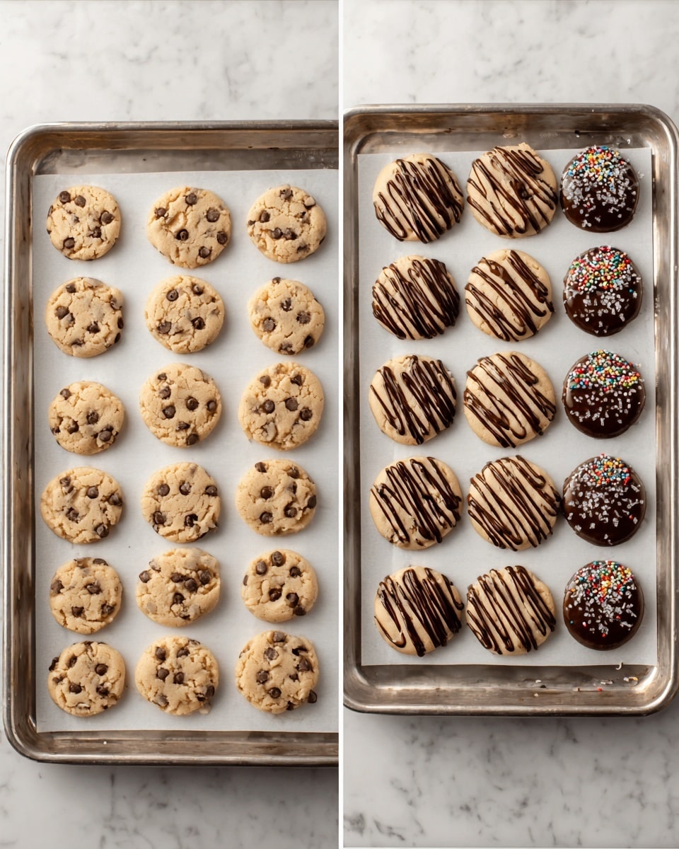Two metal baking trays on a white marbled surface are shown side by side. The left tray holds three rows of four raw, round, beige cookie dough pieces with small chocolate chips mixed evenly throughout. The right tray shows the same cookies after baking and decorating, arranged in three rows of four. The first two columns of cookies have one half dipped in dark chocolate with different toppings: the first column has small round rainbow sprinkles, the second has coarse white salt flakes, and the third column of cookies is decorated with dark chocolate drizzles in a zigzag pattern across the entire cookie surface. The parchment paper underneath the cookies is white and the tray edges are metal. photo taken with an iphone --ar 4:5 --v 7