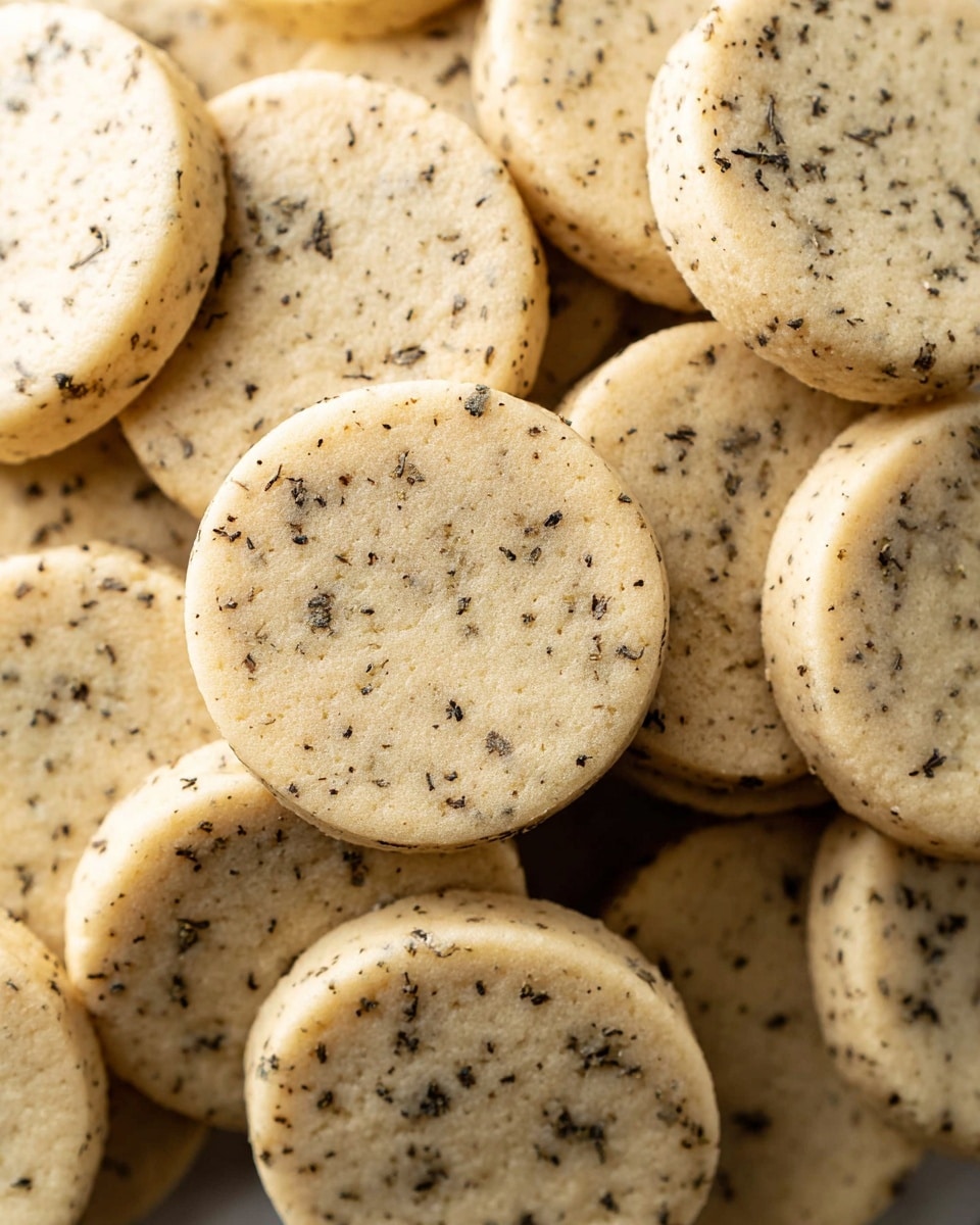 A close-up view of several pale beige round cookies stacked closely together, each cookie speckled with small black tea leaves spread evenly throughout the dough. The cookies have a smooth, slightly grainy texture with a gentle baked surface and soft edges. The arrangement shows the cookies overlapping each other, forming a dense, inviting pile. The background is a white marbled texture. photo taken with an iphone --ar 4:5 --v 7