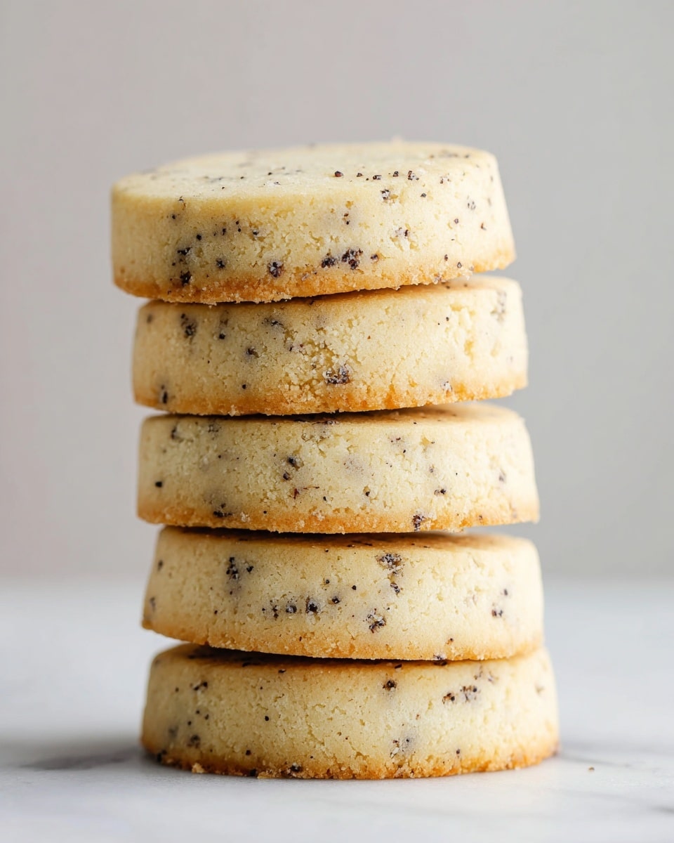 A stack of five round shortbread cookies is shown close up, each cookie light golden brown with slightly darker bottoms and speckled with small black bits throughout. The cookies have a crumbly, soft texture with visibly rough edges. They are stacked neatly one on top of another on a white marbled surface, with a clean pale gray background behind. The lighting highlights the cookies’ texture and color evenly, giving a fresh baked feel. Photo taken with an iphone --ar 4:5 --v 7