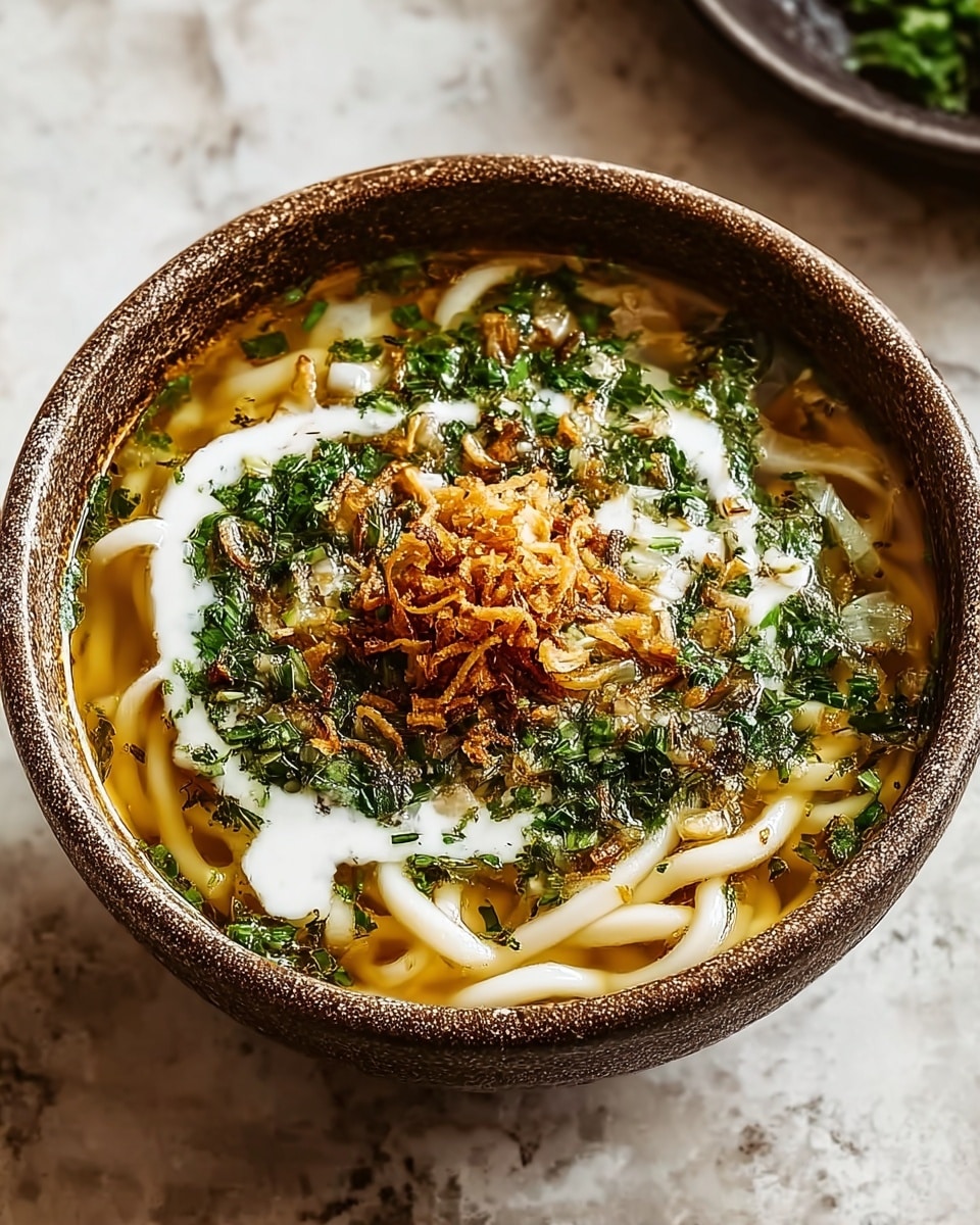 A rustic bowl filled with a clear golden broth holding thick, white noodles that curl softly at the surface. On top, there is a layer of finely chopped bright green herbs scattered unevenly around, mixed with a dollop of white cream poured in a loose circular pattern. At the center, a small pile of crunchy, golden brown fried onions adds texture and warmth. The bowl has a rough, speckled brown outer surface and sits on a white marbled texture. Photo taken with an iphone --ar 4:5 --v 7