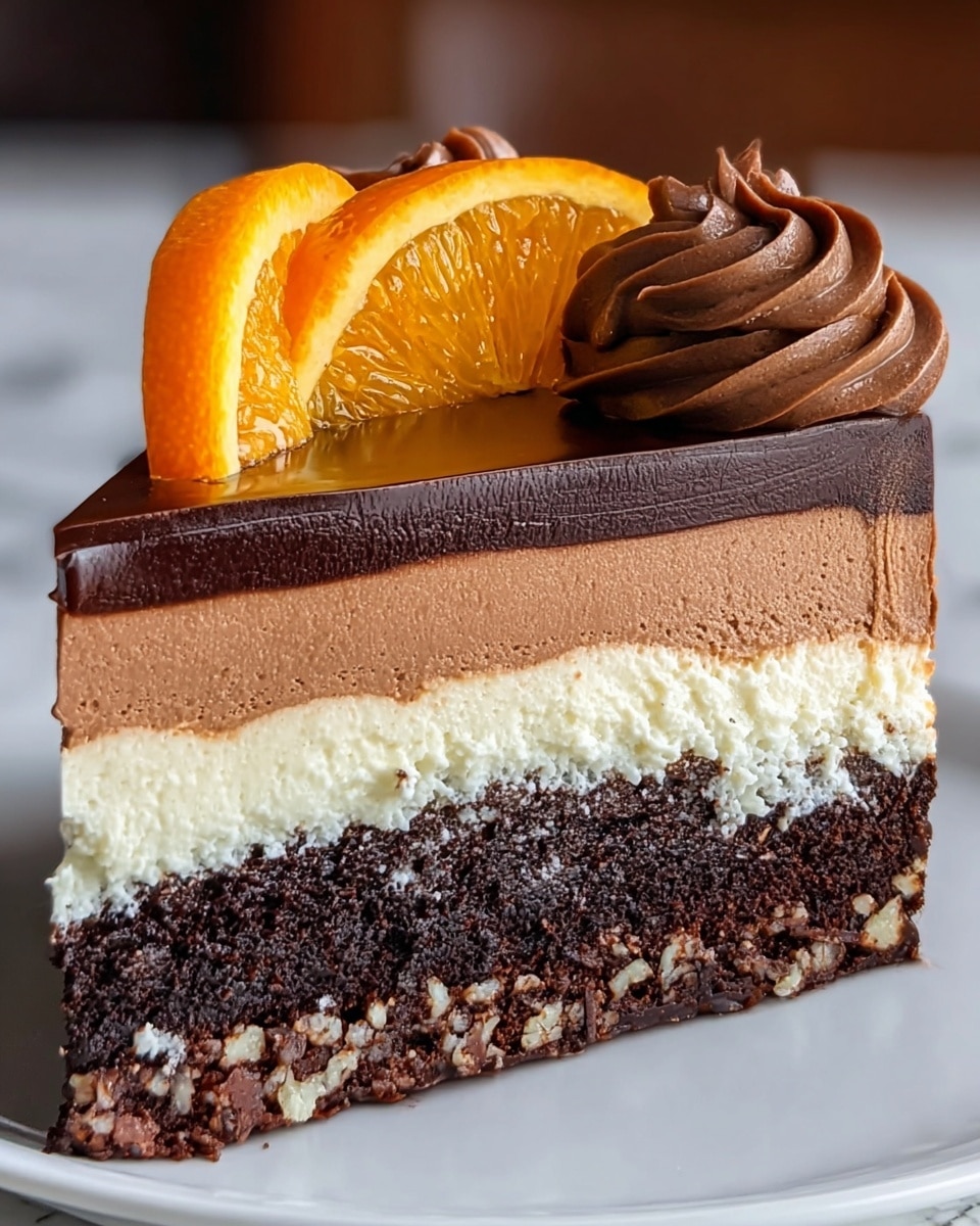 A slice of layered chocolate mousse cake sits on a white plate with a white marbled background. The bottom layer is a crumbly dark brown crust with a rough texture. Above it is a dense, almost black chocolate layer with small bits inside, followed by a thick, smooth creamy white layer. On top of that is a light brown chocolate mousse layer with a soft texture, and finally, a glossy dark chocolate ganache layer covers the top. Two fresh orange slices with a bright, shiny texture rest on top, paired with a swirl of dark chocolate cream on one side. Photo taken with an iphone --ar 4:5 --v 7