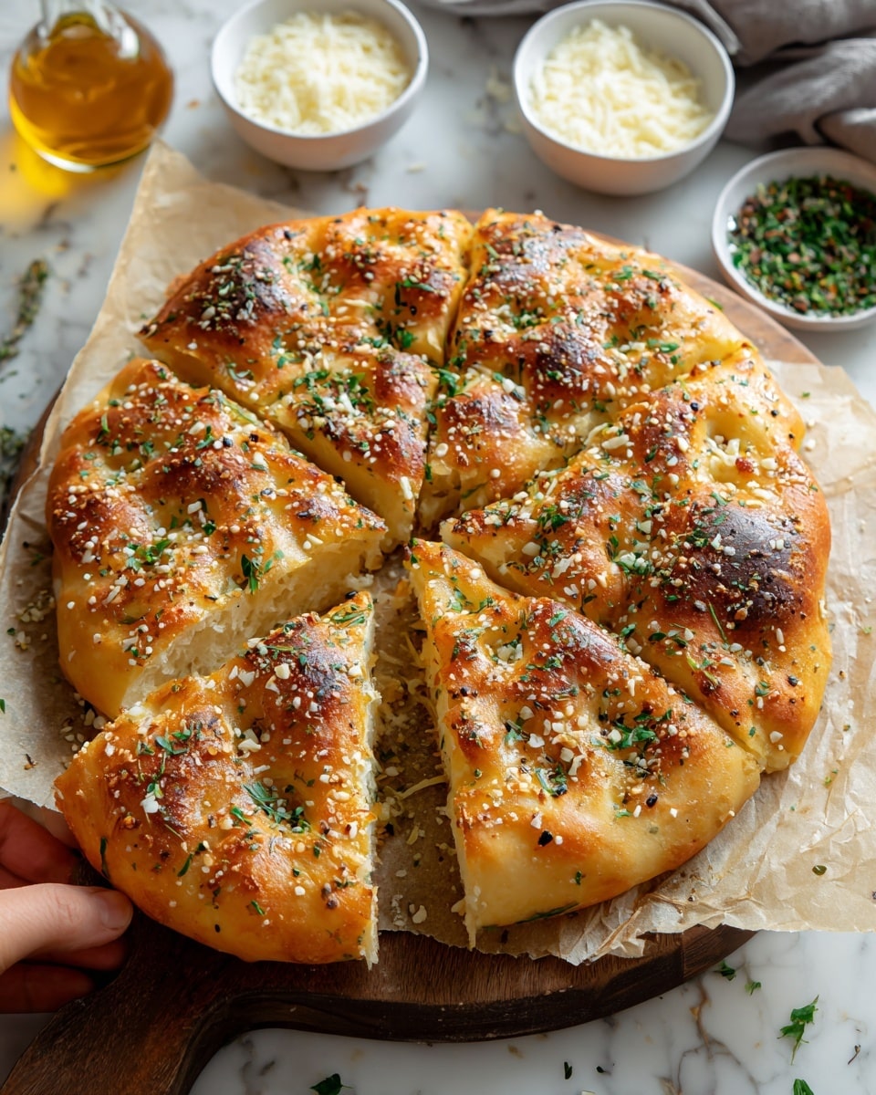 The image shows a sliced round focaccia bread on a piece of parchment paper over a wooden board, placed on a white marbled surface. The bread has a golden-brown crust with some darker baked spots and is topped with sprinkled seeds, coarse salt, small chopped green herbs, and flakes of garlic evenly spread across all visible sections. The focaccia is cut into eight pieces, with the inside looking soft and airy. In the background, two small white bowls hold grated white cheese and mixed herbs, while a small glass bottle with amber olive oil provides a warm accent. A woman's hand lightly touches the board at the bottom left corner. Photo taken with an iphone --ar 4:5 --v 7