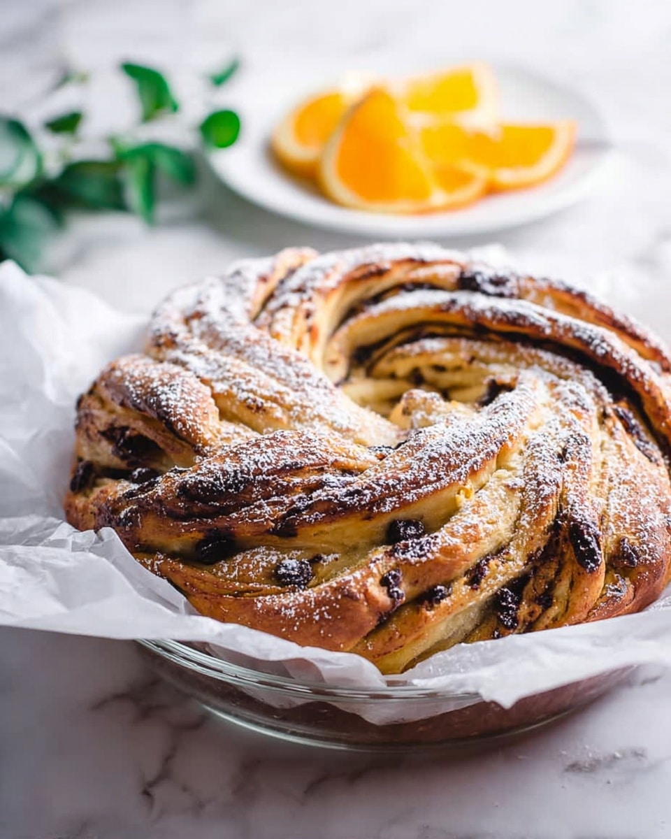 A round twisted bread loaf with a golden brown crust sits on white baking paper inside a clear glass dish. The bread has multiple layers twisted together, revealing soft inner dough speckled with dark raisins. Powdered sugar is lightly dusted over the top, giving a fine white contrast to the baked surface. In the background, a white plate with orange slices and some green leaves lie on a white marbled texture surface. photo taken with an iphone --ar 4:5 --v 7