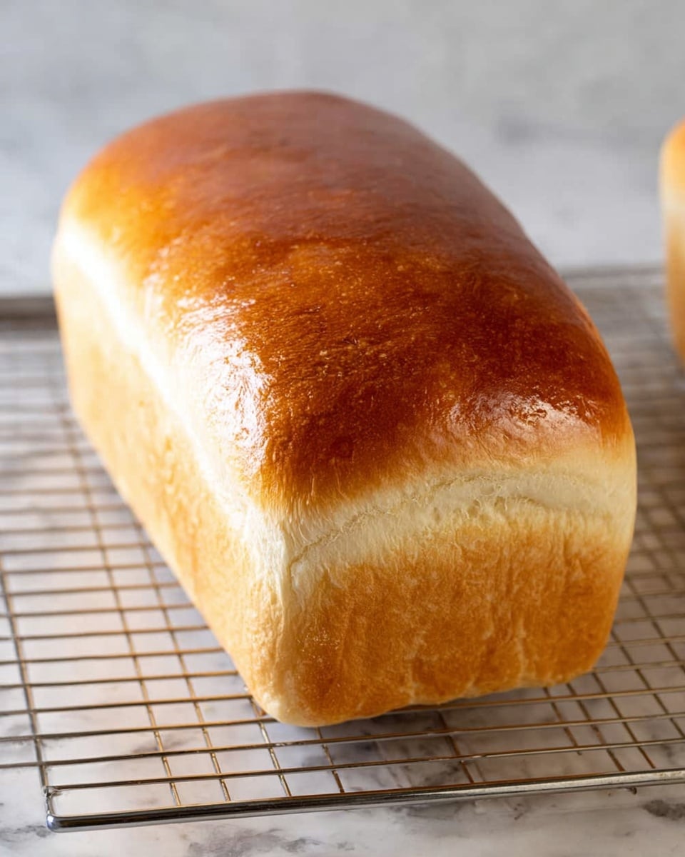 A fresh loaf of bread with a smooth, shiny, golden brown top crust rests on a metal cooling rack. The sides of the bread are a lighter beige color, showing a soft and airy texture beneath the crust. The bread is rectangular with rounded edges and stands tall, highlighting its fluffy inside. The setting features a white marbled surface below the rack. Photo taken with an iphone --ar 4:5 --v 7