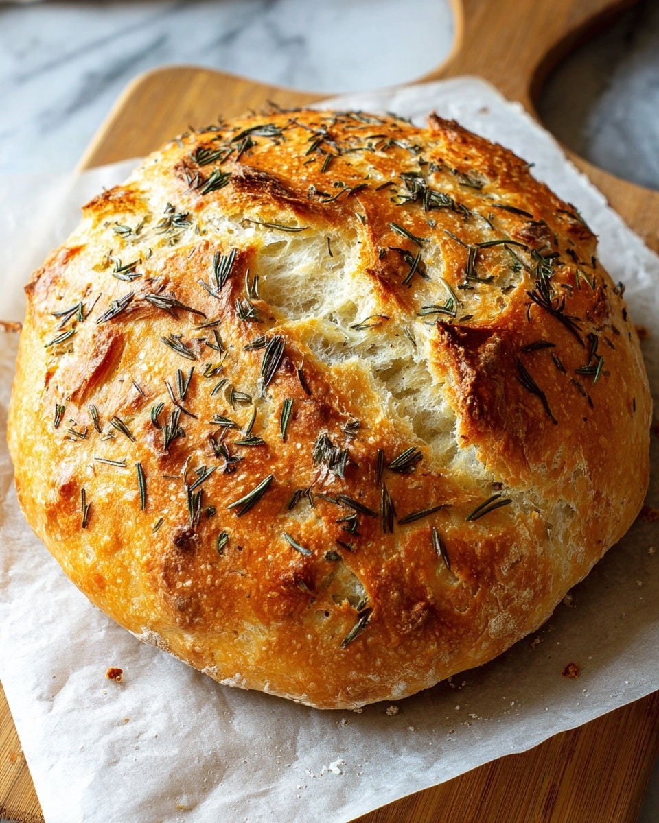 A round loaf of bread with a golden-brown crust and rough, cracked texture, showing light inside where it has split open. The top is sprinkled with small green rosemary leaves that add texture and color contrast against the warm crust. The bread rests on white parchment paper placed on a light wooden cutting board, all set on a white marbled surface. photo taken with an iphone --ar 4:5 --v 7