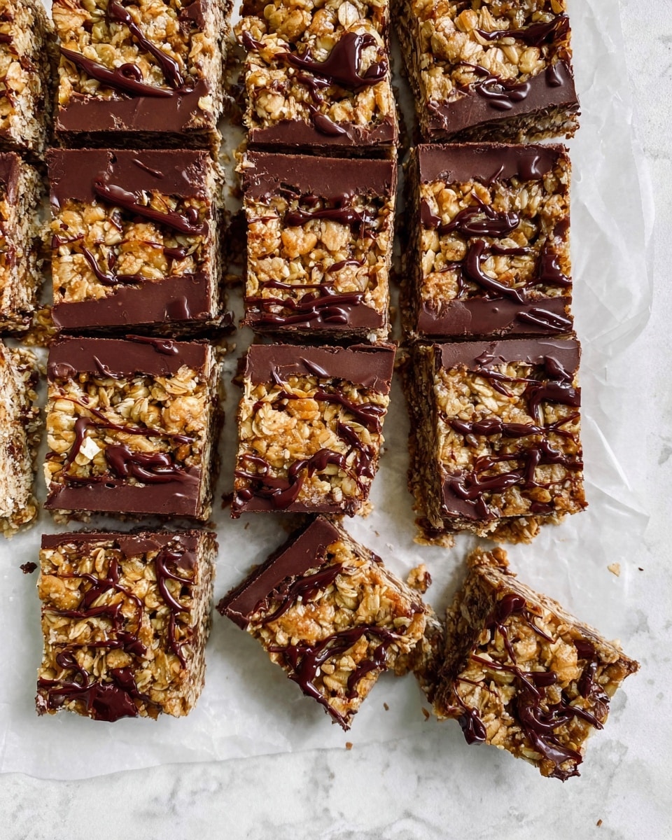 The image shows a batch of granola bars cut into 15 square pieces arranged on white parchment paper placed over a white marbled surface. Each bar has two layers: a smooth, dark brown chocolate base on the bottom, topped with a thick layer of golden brown oats mixed with nuts, giving a rough and crunchy texture. Some spots have drizzles of melted chocolate over the oat layer, adding a shiny dark contrast. Two bars are slightly pulled apart from the rest, showing the thick layers clearly. Photo taken with an iphone --ar 4:5 --v 7
