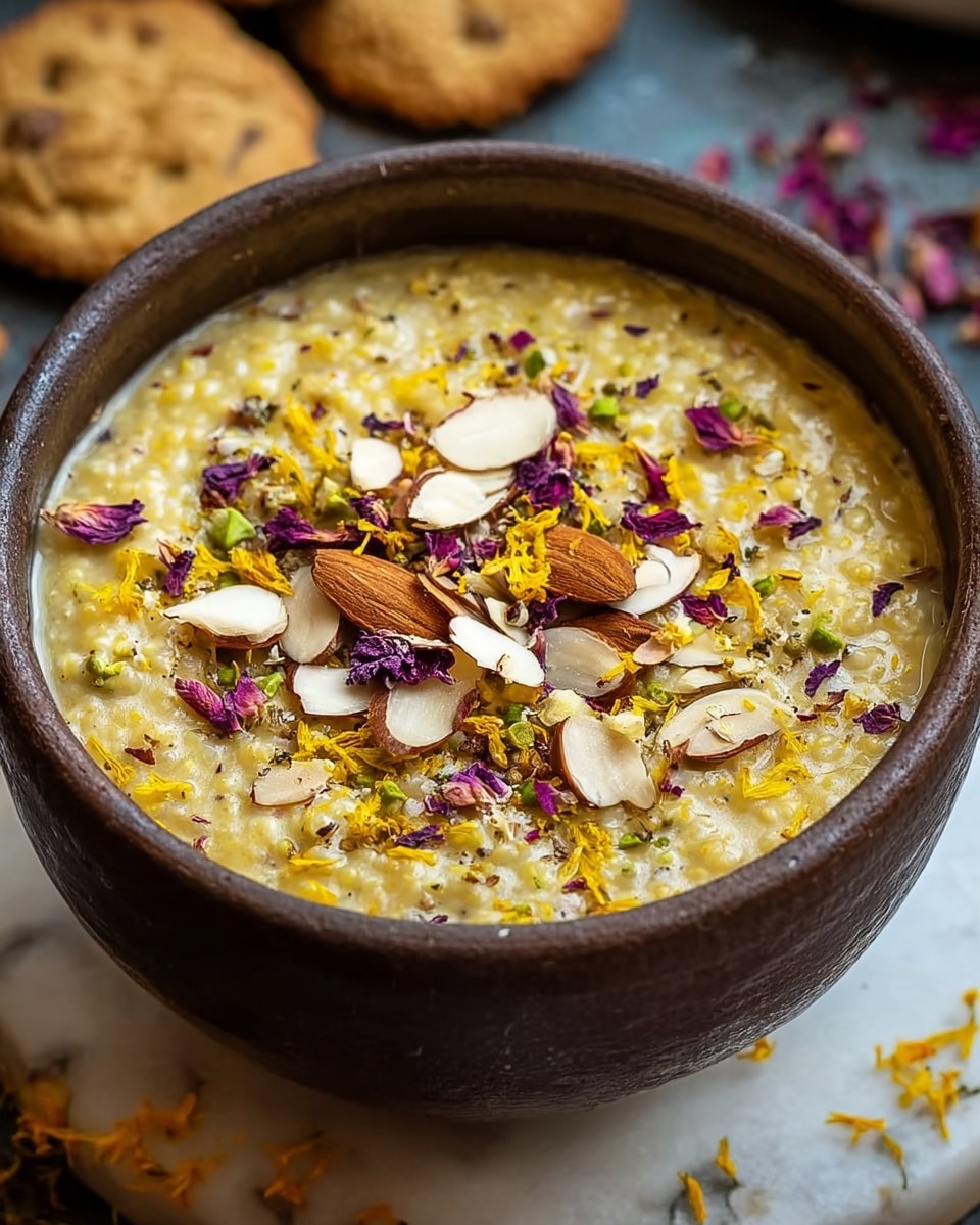 A close-up of a dark brown bowl filled with a creamy, yellowish textured porridge that has small grain pieces visible throughout. The top layer is decorated with a mix of scattered thinly sliced almonds, dried purple and yellow flower petals, and hints of green herbs, creating a colorful contrast against the smooth porridge. The bowl is set on a white marbled surface with blurred cookies and some scattered yellow petals in the background. photo taken with an iphone --ar 4:5 --v 7