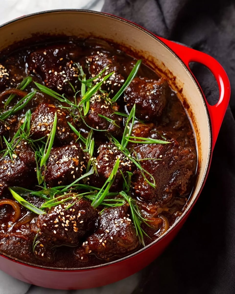 A red pot filled with dark brown stewed meat chunks resting in a rich, thick sauce. The meat has a shiny, glazed texture and is sprinkled with white sesame seeds on top. Bright green sliced scallions are scattered over the meat, adding a fresh contrast of color. Thin slices of cooked onions are partially visible mixed within the sauce. The pot is set against a white marbled surface with a dark cloth partially underneath. Photo taken with an iphone --ar 4:5 --v 7
