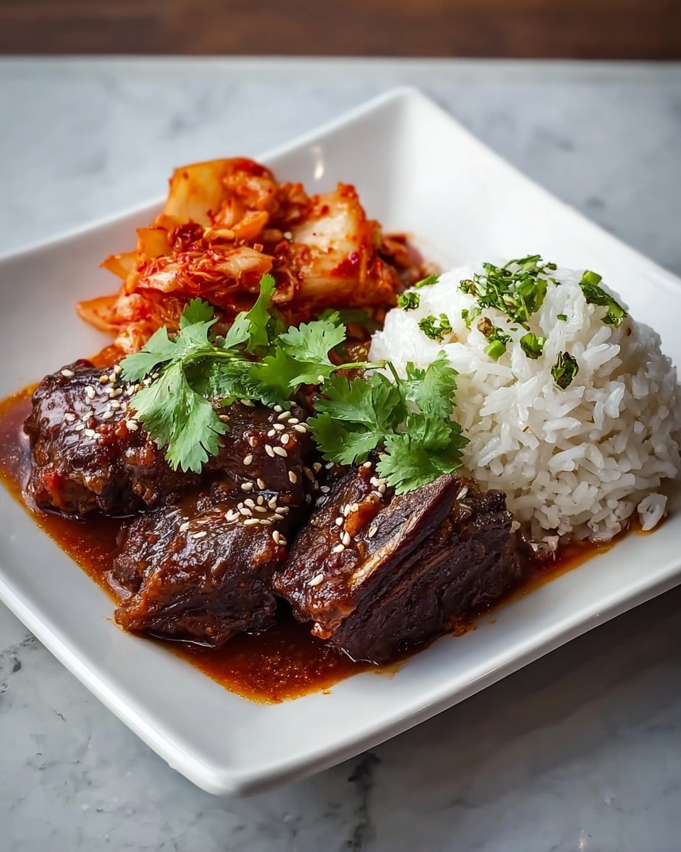 A white square plate holds three main parts: on the left, a pile of orange-red kimchi with visible chili flakes, on the right, a mound of white fluffy rice sprinkled lightly with green herb pieces, and in the center front, dark brown beef ribs coated in a rich, glossy sauce with small white sesame seeds sprinkled on top. Fresh green cilantro leaves are placed over the beef ribs, adding a bright contrast. The plate is set on a white marbled surface. photo taken with an iphone --ar 4:5 --v 7