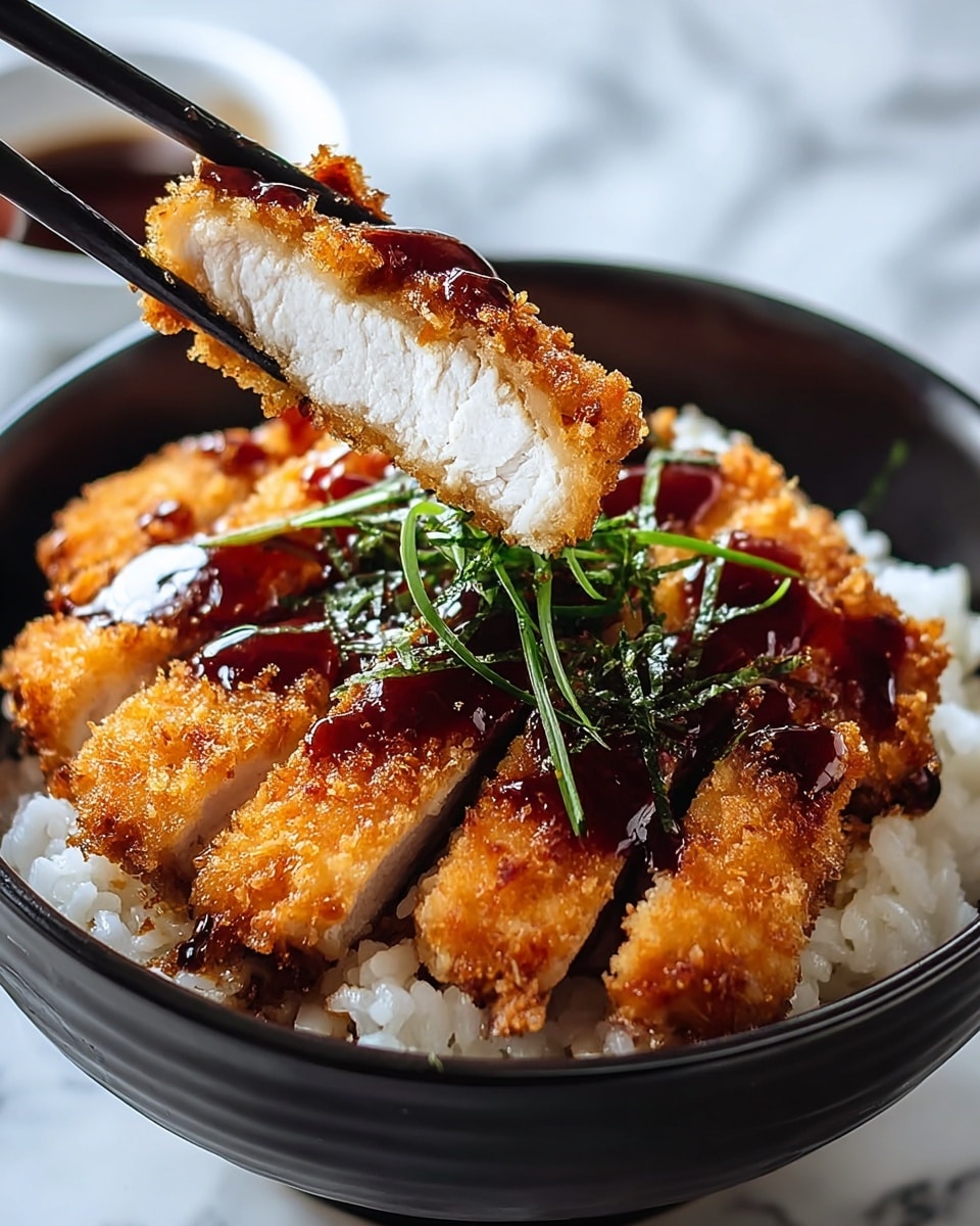 A black bowl holds a layer of white sticky rice at the bottom, topped with five warm golden-brown breaded pieces of fried chicken sliced to show the white, juicy meat inside. A dark brown glossy sauce is drizzled thickly over the chicken, with thin green strips of fresh scallions sprinkled on top. A pair of black chopsticks held by a woman's hand is lifting one piece of chicken, showing the crunchy texture. The background is a white marbled texture. photo taken with an iphone --ar 4:5 --v 7
