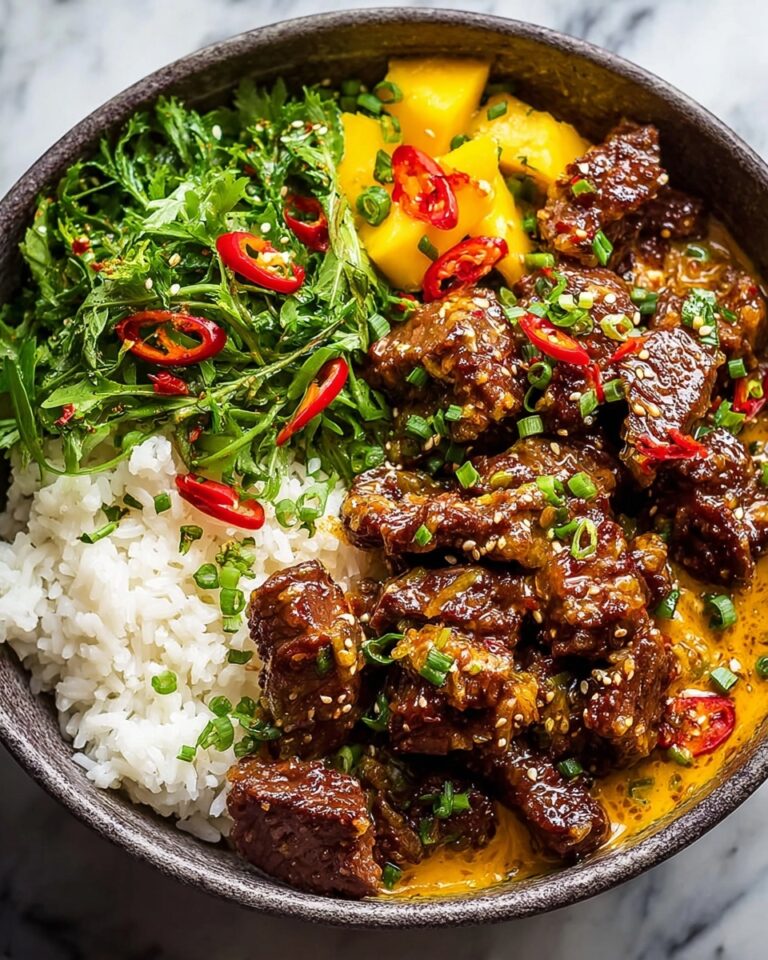 Curried Beef & Mushrooms with Creamy Peanut Sauce and Mango Salsa Recipe