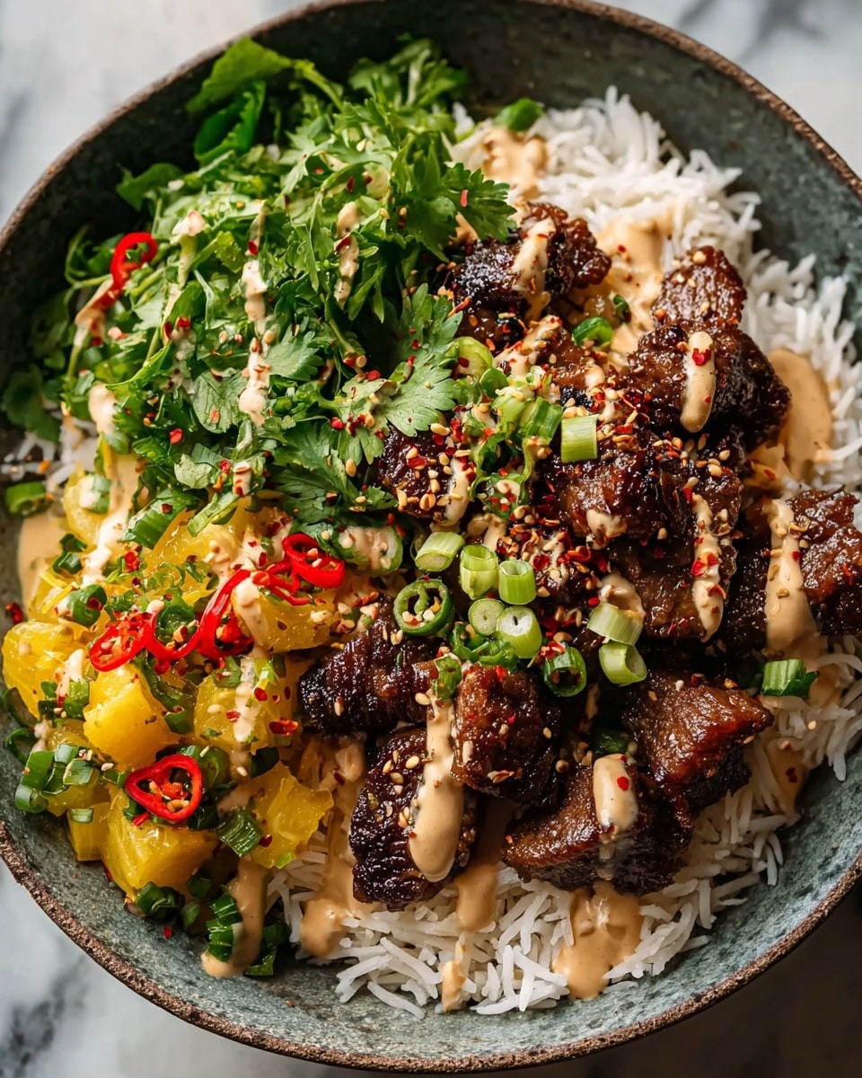 A bowl with a base layer of long white rice, topped with dark brown grilled meat pieces drizzled with a creamy light brown sauce. On one side, there is a pile of bright green chopped cilantro leaves, while on the other side there are small pieces of yellow and green pickled vegetables mixed with red chili slices. The dish is sprinkled with white sesame seeds and small red chili flakes, with some chopped green onions scattered on top. The bowl rests on a white marbled surface. photo taken with an iphone --ar 4:5 --v 7