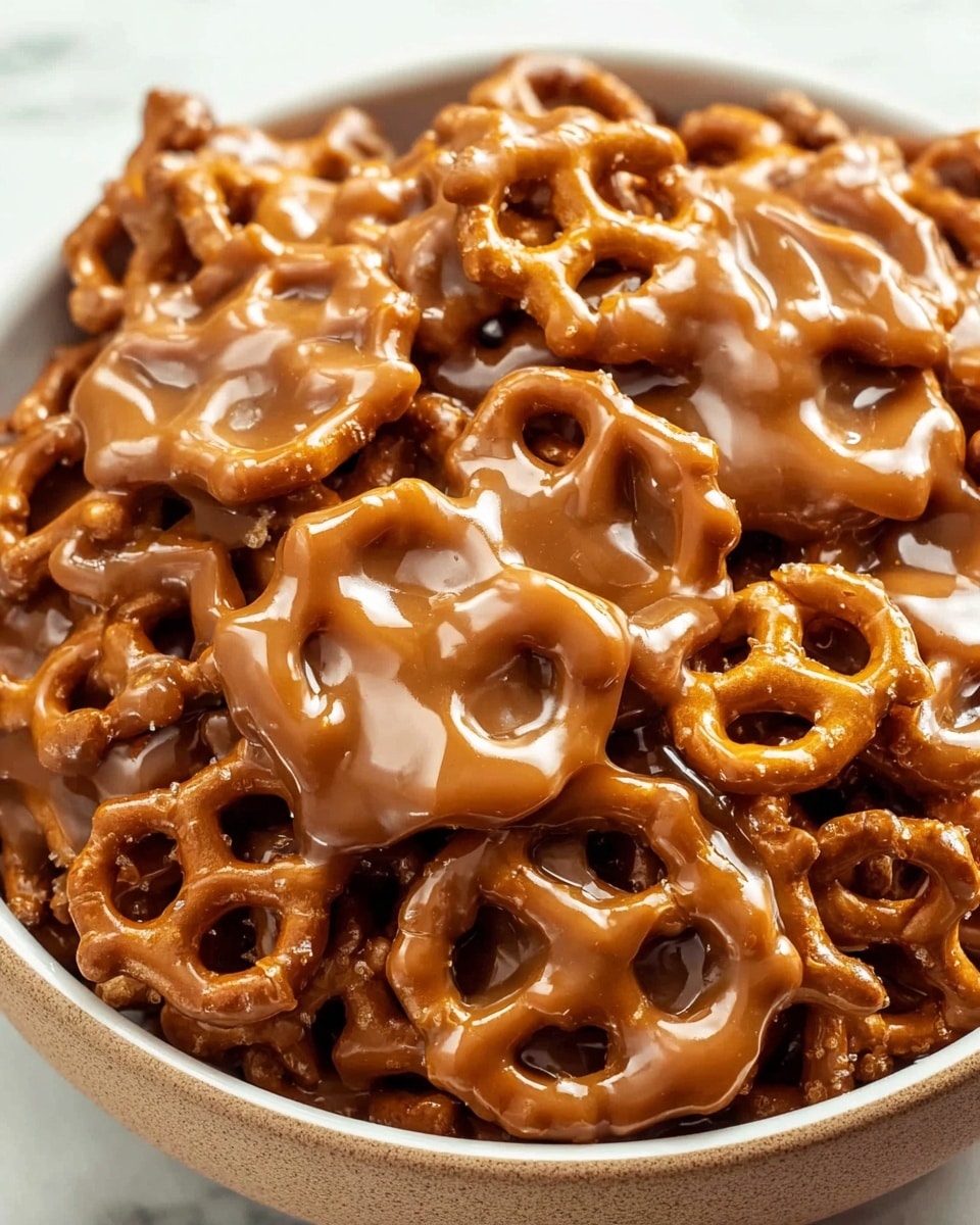A close-up image of a round white bowl filled with many pieces of pretzels covered in smooth, shiny caramel sauce. The pretzels have a rough texture, and the caramel is thick and glossy, evenly coating every pretzel and dripping slightly on the edges. The background shows a soft, white marbled texture. Photo taken with an iphone --ar 4:5 --v 7