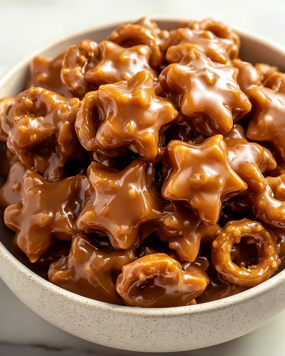 A close-up view of a bowl full of small, star-shaped and ring-shaped sweets covered in a smooth, glossy caramel glaze. The sweets have a lightly textured surface beneath the shiny caramel coating that adds depth and contrast. The bowl is white with a subtle speckled pattern and is placed on a white marbled textured surface. The caramel glaze looks thick and shiny, creating a rich, inviting appearance with all pieces piled closely together in the bowl. photo taken with an iphone --ar 4:5 --v 7