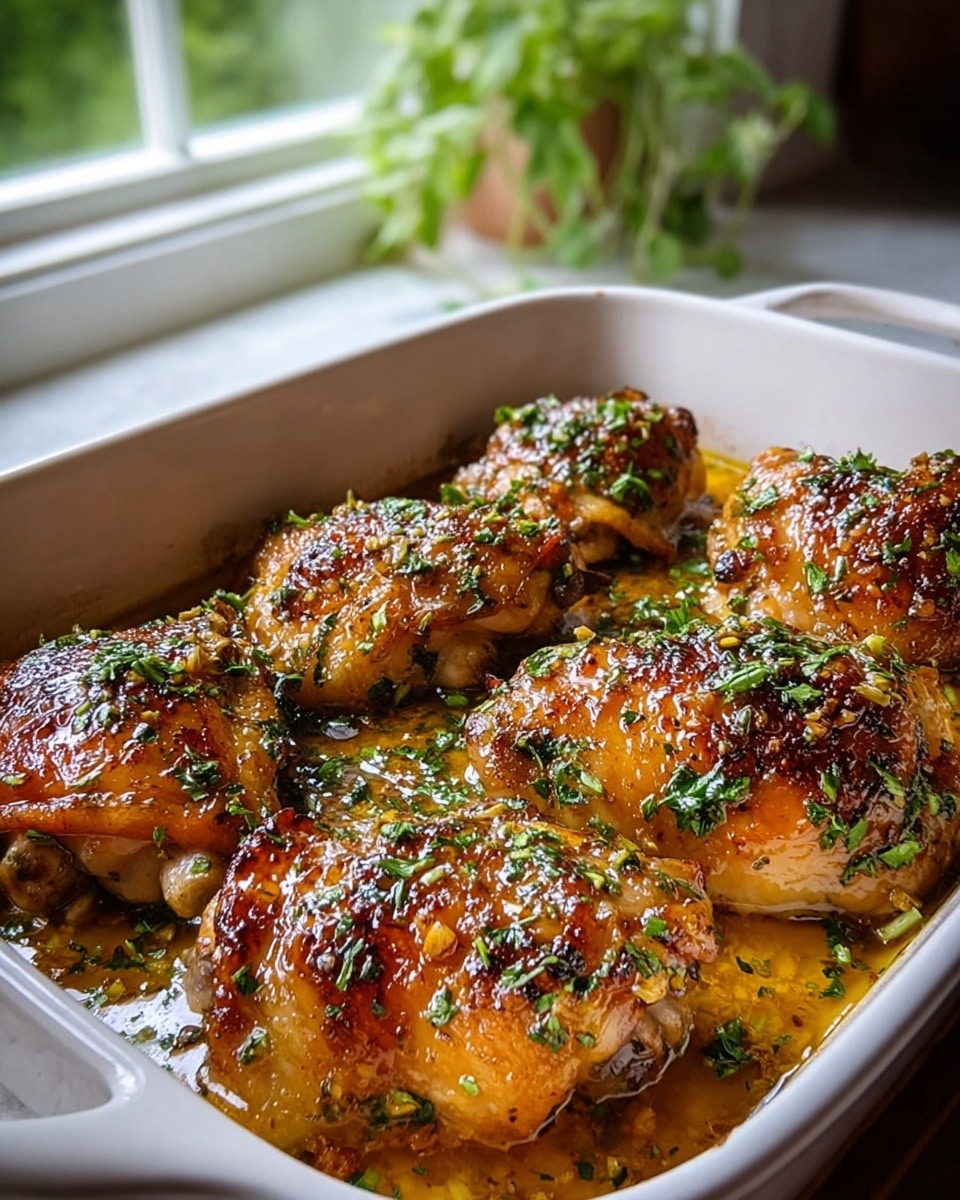 A white baking dish filled with six golden-brown chicken thighs cooked to a crisp on top, each piece coated in a shiny glaze with small herbs and green chopped parsley sprinkled all over. The chicken pieces sit in a shallow pool of rich, golden-brown sauce with hints of garlic and spices, creating a glossy and juicy look. The background shows a blurred green plant and a window letting in soft natural light on a white marbled surface. Photo taken with an iphone --ar 4:5 --v 7