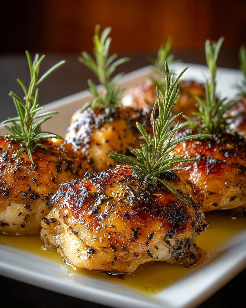 A white rectangular plate holds six pieces of roasted chicken thighs with a golden-brown crispy skin, speckled with herbs and black pepper. Each chicken piece is topped with a fresh sprig of green rosemary, adding a fresh texture and color contrast. The chicken sits in a shallow layer of golden oil, which makes the skin look shiny and juicy. The background shows a soft focus with warm brown tones, creating a cozy feeling. photo taken with an iphone --ar 4:5 --v 7
