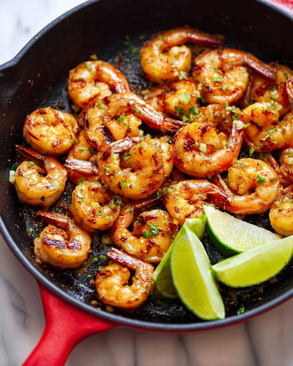 A close-up view of cooked shrimp in a black cast iron pan with a red rim, sitting on a white marbled surface. The shrimp are golden-orange with grill marks, scattered evenly inside the pan. Small bits of green herbs are sprinkled over the shrimp, adding color contrast. On the right side of the pan, three bright green lime wedges are placed, slightly overlapping each other. The shrimp and lime pieces take up most of the pan’s space, showing a rich, warm texture. photo taken with an iphone --ar 4:5 --v 7