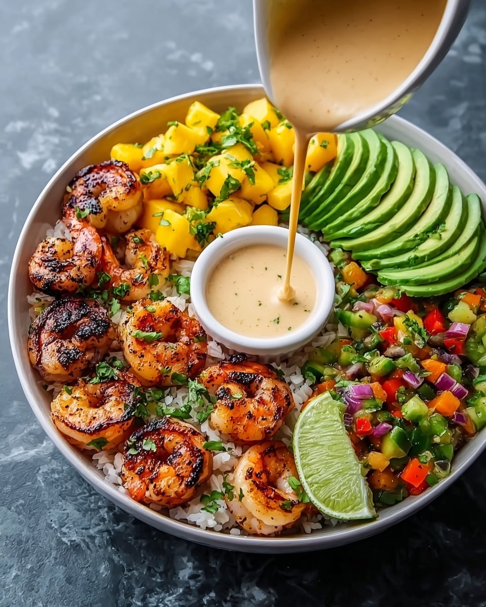 A white bowl filled with cooked white rice as the base layer, topped with three main sections: grilled shrimp with char marks arranged in a curved line on one side, bright yellow diced mango mixed with green herbs in another section, and colorful diced red, green, and purple vegetables mixed with herbs next to the mango. On the opposite side of the shrimp, there are neatly sliced avocado pieces arranged in a fan shape. In the center of the bowl, a small white cup holds a creamy light beige sauce being poured from above. A lime half sits on the edge of the bowl, adding a fresh green touch, all placed on a white marbled texture surface. Photo taken with an iphone --ar 4:5 --v 7