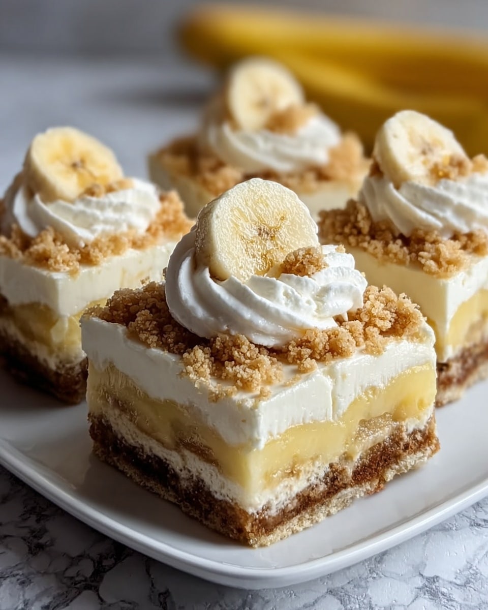 Four square pieces of a layered dessert on a white plate, placed on a white marbled surface. Each piece has three layers from bottom to top: a dense brown crumb layer, a creamy light yellow banana slice layer, and a thick white cream layer. On top of the cream layer, there is a light brown crumb topping and a swirl of whipped cream. Each piece is finished with a round banana slice placed on the whipped cream. An out-of-focus banana is in the background. Photo taken with an iphone --ar 4:5 --v 7