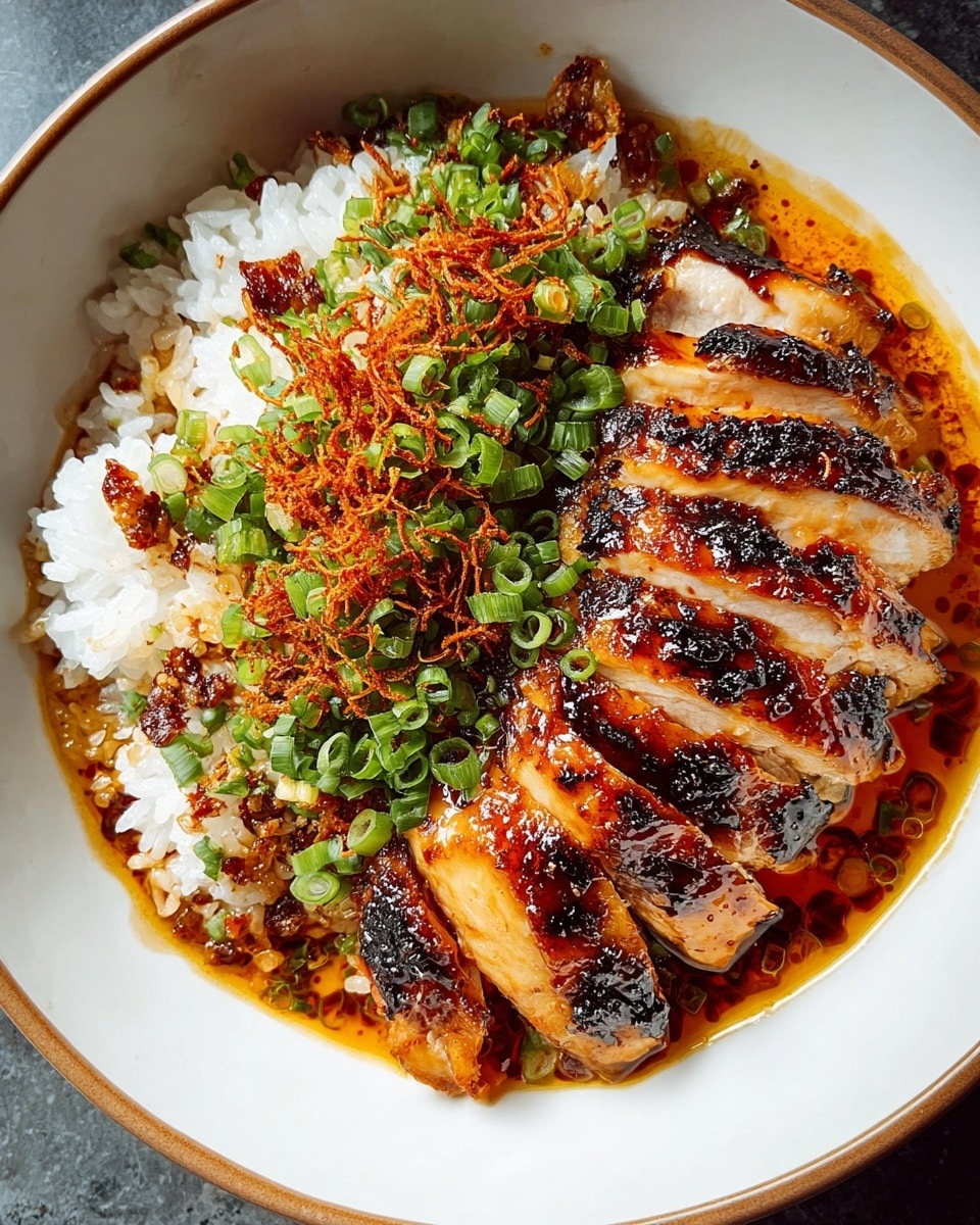 A white bowl with a light brown rim holds a dish with two main layers: on the left side, there is a bed of white rice soaked slightly in a reddish-orange sauce, giving parts of it a shiny, wet look; on the right side, slices of grilled chicken with a dark, caramelized, and slightly charred skin are arranged in a neat row. The top of the dish is covered with finely chopped green onions and thin, crispy orange-red fried bits that add texture and color contrast. The sauce spreads around the edges inside the bowl, adding a rich and glossy finish. Photo taken with an iphone --ar 4:5 --v 7
