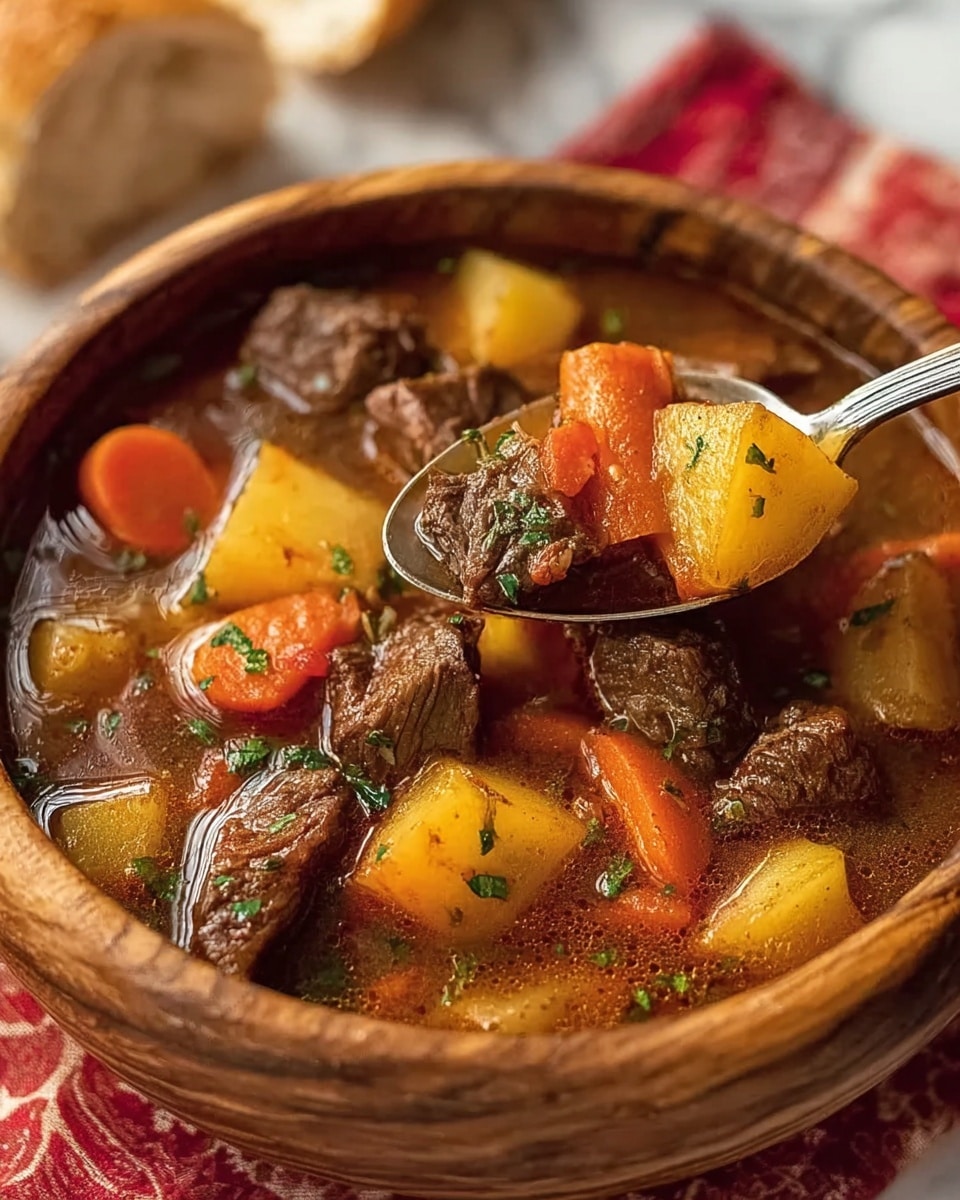 A wooden bowl filled with a thick beef stew made of three main layers: large chunks of brown beef pieces, orange carrot slices, and yellow potato cubes, all covered in a rich brown broth sprinkled with small green herb bits. A silver spoon holds a close-up mix of beef, carrot, and potato inside the bowl. The bowl rests on a red and white patterned cloth atop a white marbled surface with some bread pieces blurred in the background. photo taken with an iphone --ar 4:5 --v 7