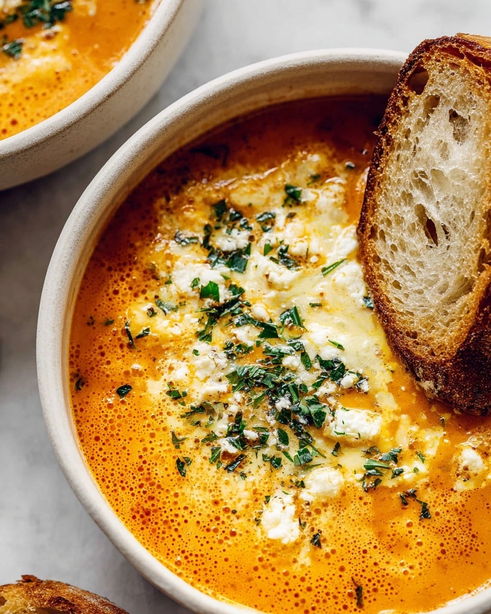 A close-up of a bowl filled with a creamy orange soup that has a bubbly texture on the surface, topped with finely chopped green herbs and small bits of melted white cheese scattered throughout. A toasted slice of bread with a golden-brown crust and airy texture rests on the edge of the white bowl. The bowl is set on a white marbled surface with another bowl partially visible in the corner. Photo taken with an iphone --ar 4:5 --v 7