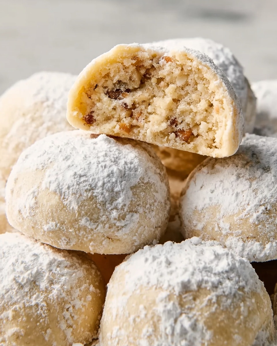 A close-up view of several round cookies covered with a fine white powdered sugar layer, piled on a white marbled surface. One cookie is cut in half and positioned on top of the others, showing its soft, crumbly inside with bits of nuts or seeds visible throughout, creating a light beige and golden texture inside. The cookies have a smooth, slightly cracked outer coating dusted with the powdered sugar, giving a soft and delicate look. Photo taken with an iphone --ar 4:5 --v 7