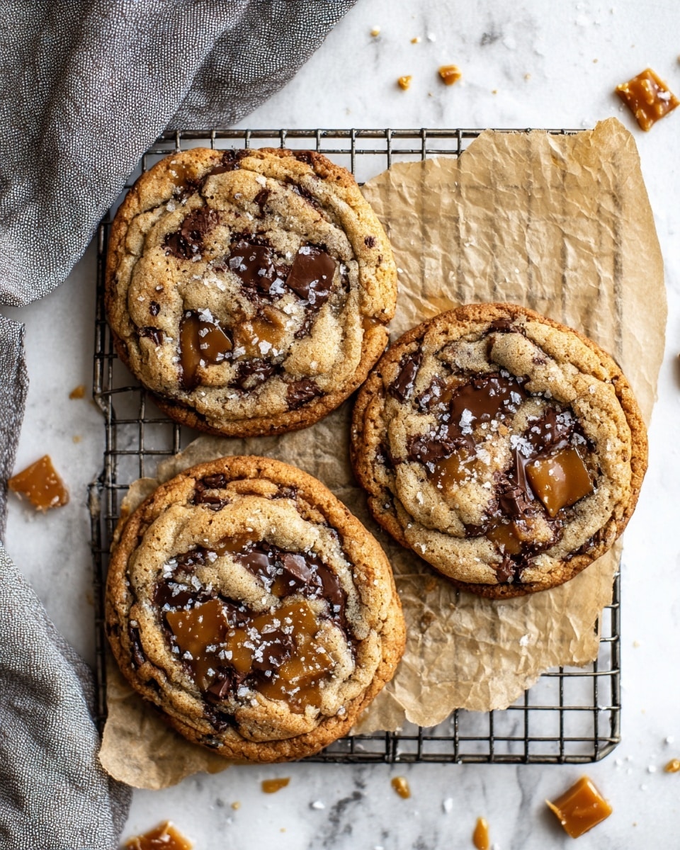 Three large cookies rest on a metal cooling rack lined with parchment paper on a white marbled surface. Each cookie has a light brown, slightly rough outer layer with dark, melted chocolate chunks scattered across the top. There are glossy caramel pockets visible on the cookies, adding a sticky texture, sprinkled with coarse sea salt crystals that shine in the light. Small caramel crumbs are scattered around the cooling rack. A gray cloth napkin is partially visible at the top left corner. photo taken with an iphone --ar 4:5 --v 7