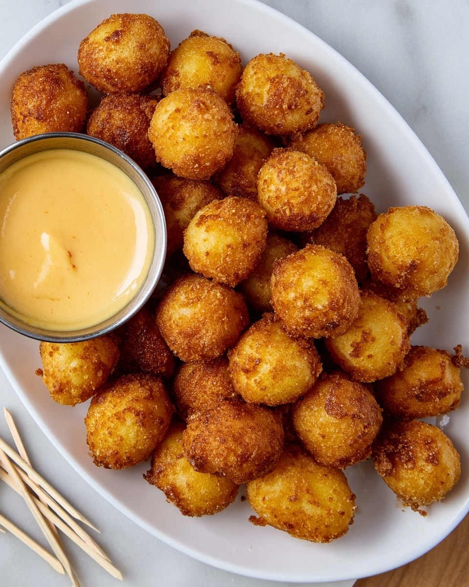 A white oval plate filled with about 25 golden-brown fried cheese balls, each one round and crispy with a slightly rough texture, showing different shades of golden yellow and light brown, piled unevenly to cover almost the whole plate; to the right side, there is a small metal cup filled with smooth, light yellow dipping sauce, placed on a white marbled surface scattered with wooden toothpicks. photo taken with an iphone --ar 4:5 --v 7