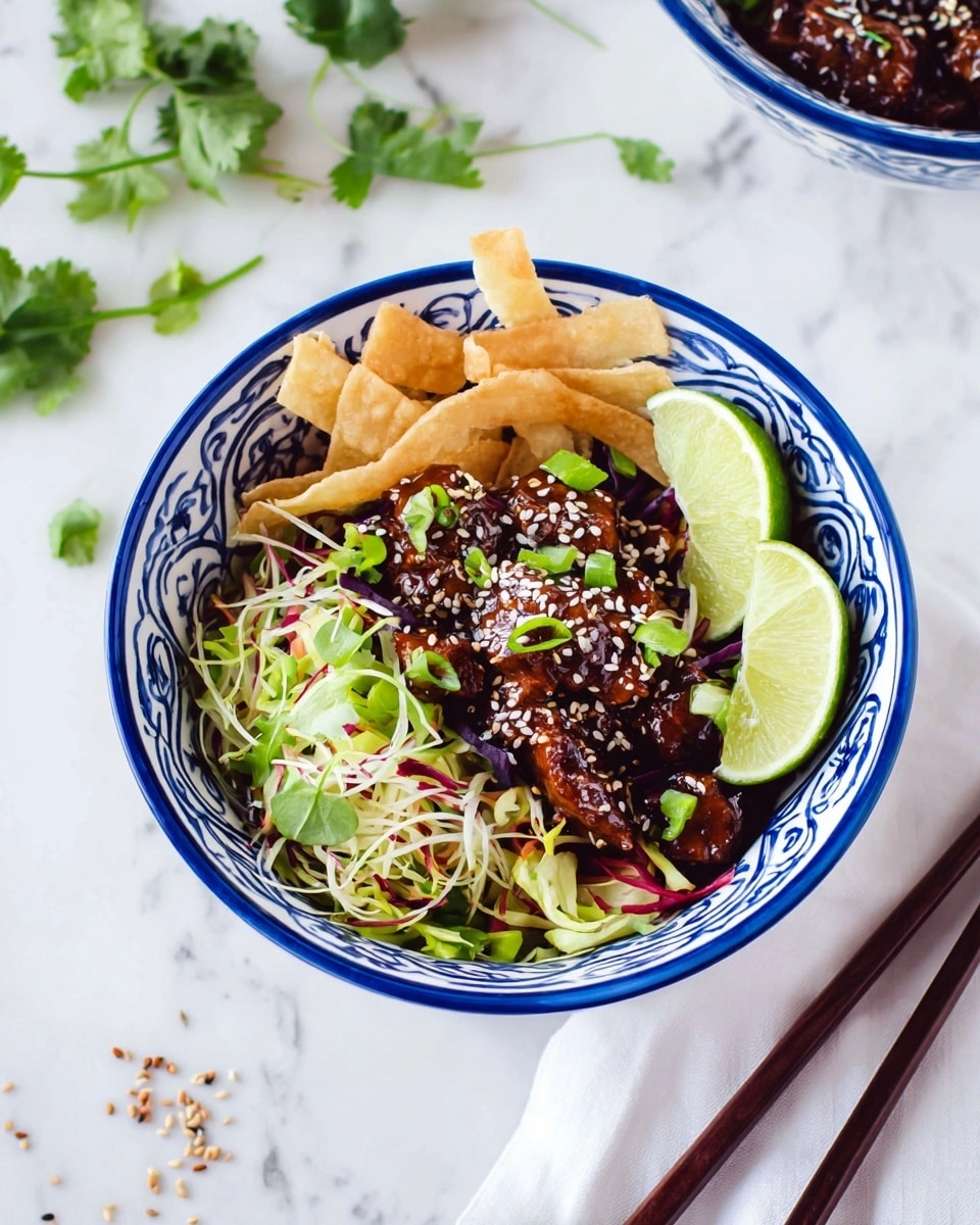A blue and white patterned bowl holds a colorful dish with several layers: the bottom layer is a mix of thin green and purple shredded vegetables, topped with a main layer of dark brown glazed meat sprinkled with white and black sesame seeds. On one side, there are light golden crispy strips, and on the other side, two lime wedges add a fresh green-yellow touch. The bowl is placed on a white marbled surface with a few sprigs of fresh green herbs and scattered sesame seeds nearby, along with dark wooden chopsticks lying horizontally at the bottom right. Photo taken with an iphone --ar 4:5 --v 7