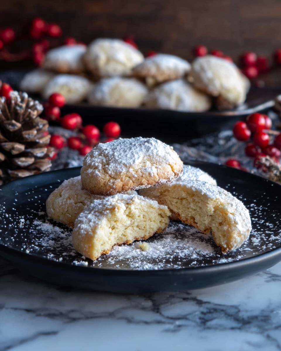 The image shows a black plate on a white marbled surface, holding five light golden, oval-shaped cookies dusted with white powdered sugar. One cookie is split open in front, showing a soft, slightly crumbly, pale inside texture. Behind this plate, there is a black tray filled with more of the same cookies, slightly out of focus. Red berries and pine cones are placed around the setting, adding a festive touch. photo taken with an iphone --ar 4:5 --v 7