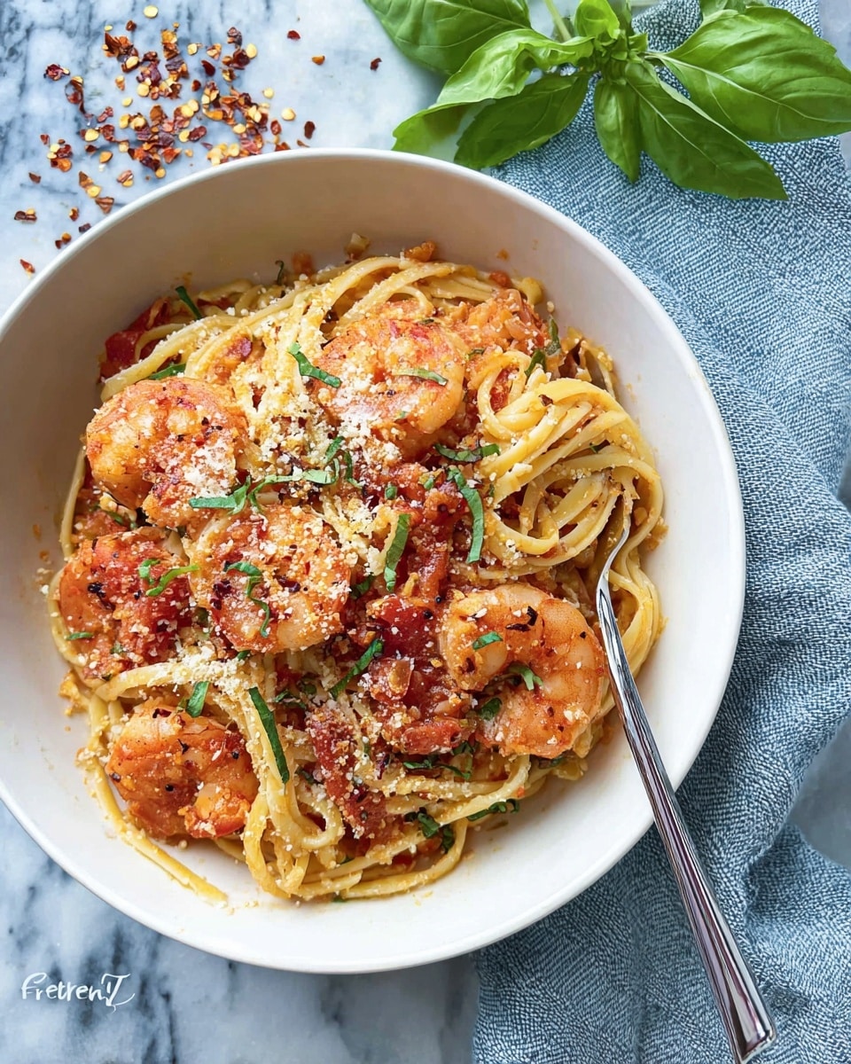A white bowl filled with a pasta dish made of light yellow linguine noodles mixed with a chunky red tomato sauce. Several cooked shrimp, pink-orange with slight char marks, are mixed and placed on top. The dish is sprinkled with finely grated white cheese and small bits of green parsley. The bowl is set on a white marbled surface with some red chili flakes scattered near it, a light blue folded cloth napkin with fresh green basil leaves on top is visible in the upper part of the image. A silver fork is partially placed inside the bowl on the right side. Photo taken with an iphone --ar 4:5 --v 7
