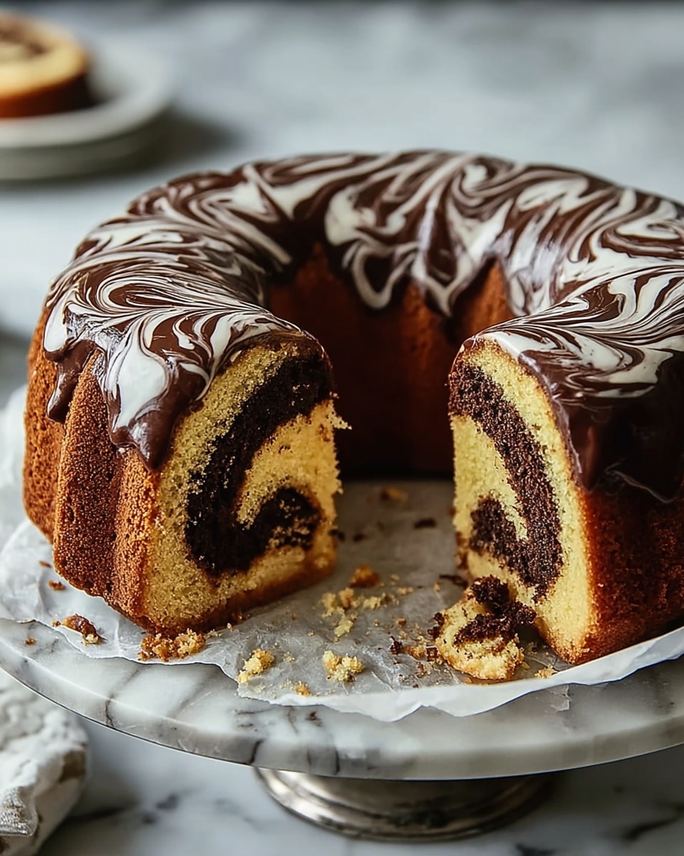 A round bundt cake with a smooth chocolate glaze on top, decorated with white swirls creating a marbled effect; the cake has two visible layers inside—a light yellow vanilla layer and a dark brown chocolate layer that spiral together; the cake is presented on a silver cake stand lined with white parchment paper, all placed on a white marbled surface, with a slice cut out revealing the inside texture and some crumbs around it. photo taken with an iphone --ar 4:5 --v 7
